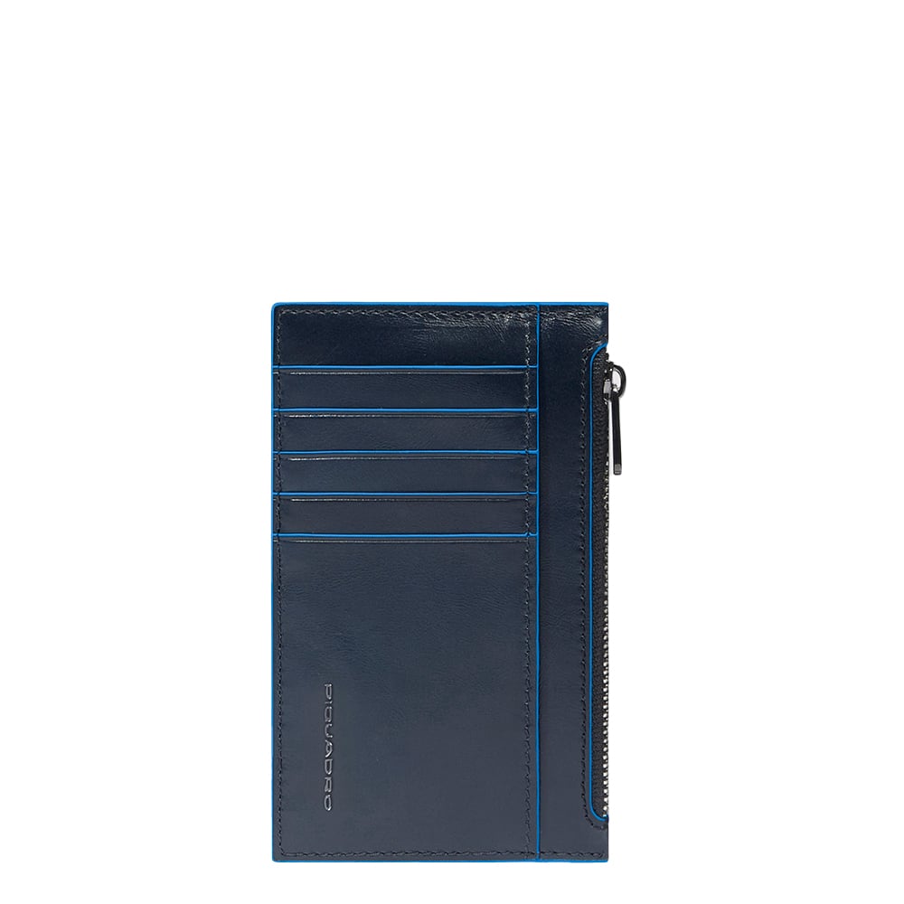 Slim leather credit card holder for men with coin pocket and RFID protection PIQUADRO Blue