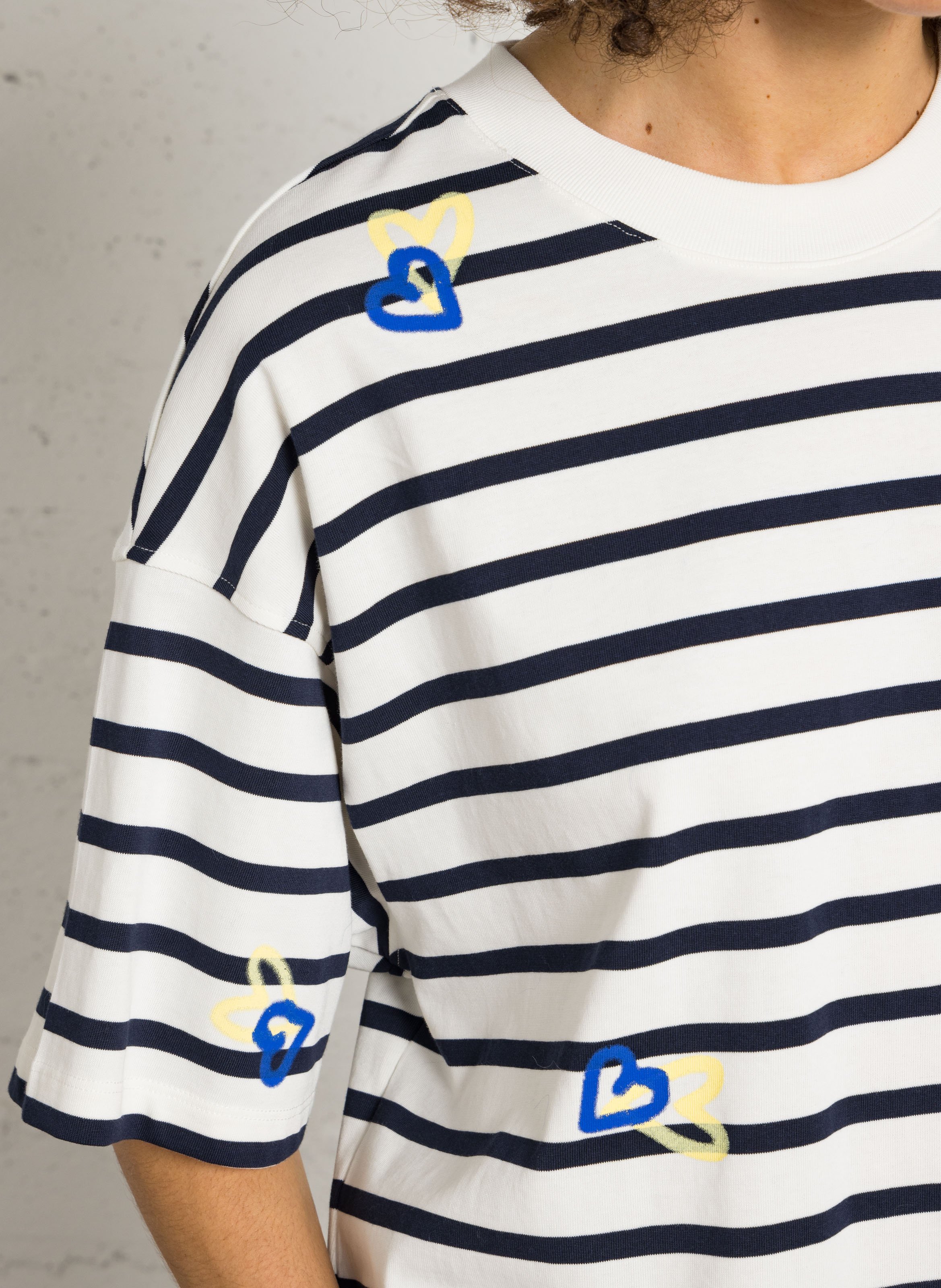 Tee-shirt ample rayé à motif cœur DES PETITS HAUTS Blanc