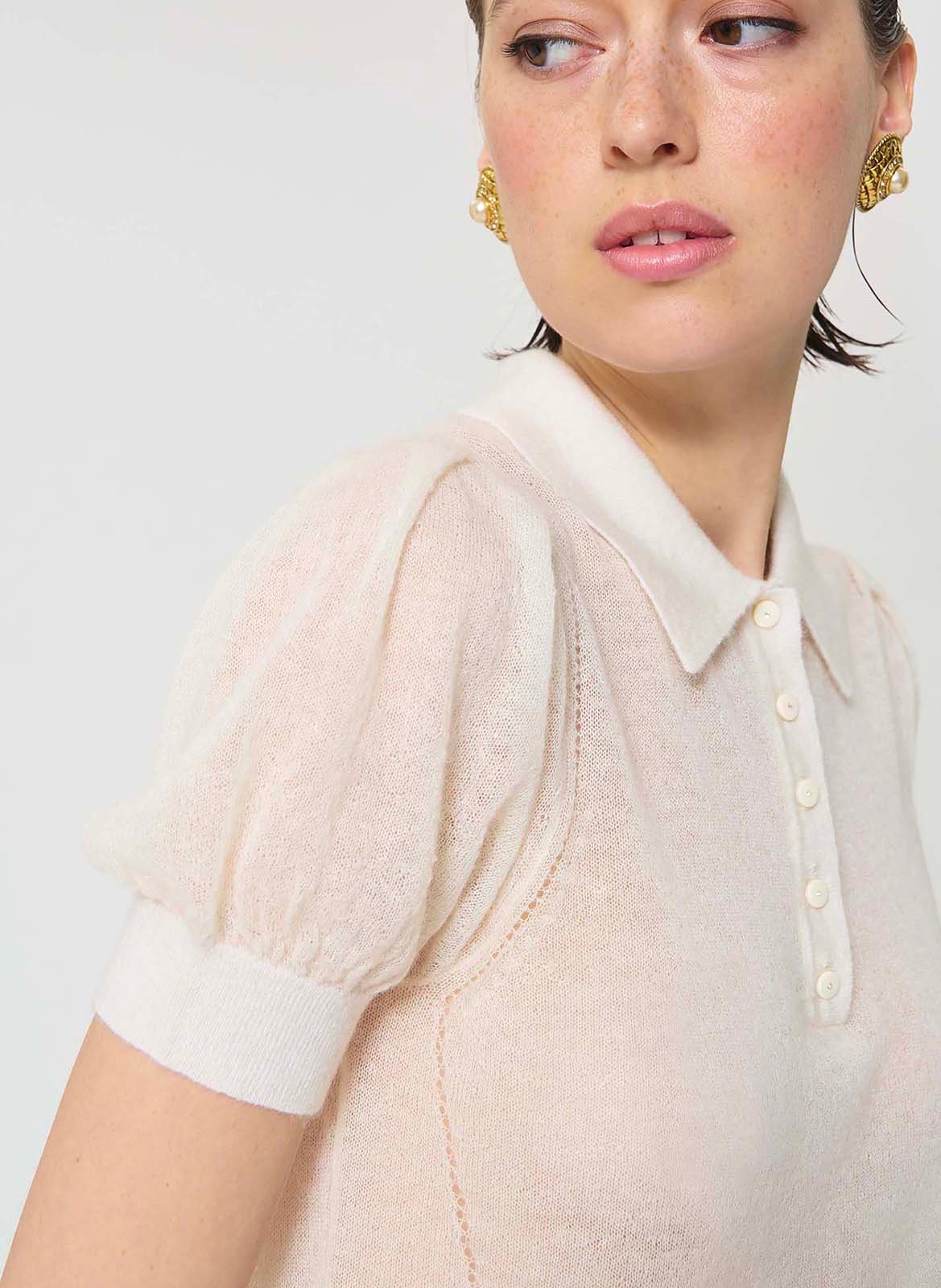 Polo droit manches ballon en laine mélangée TARA JARMON Beige