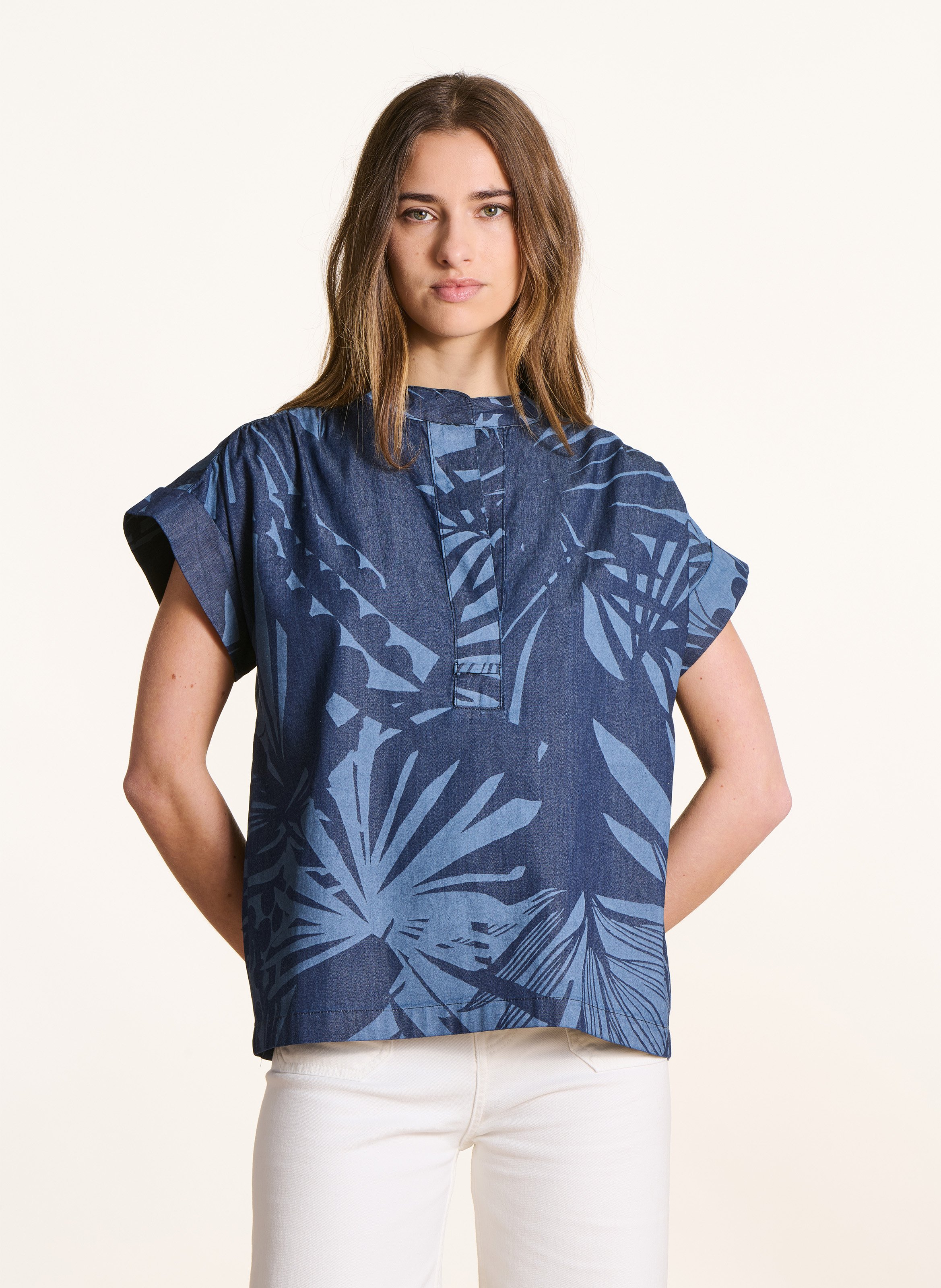 Wijde, katoenen top met Tunesische kraag LA FEE MARABOUTEE Blauw