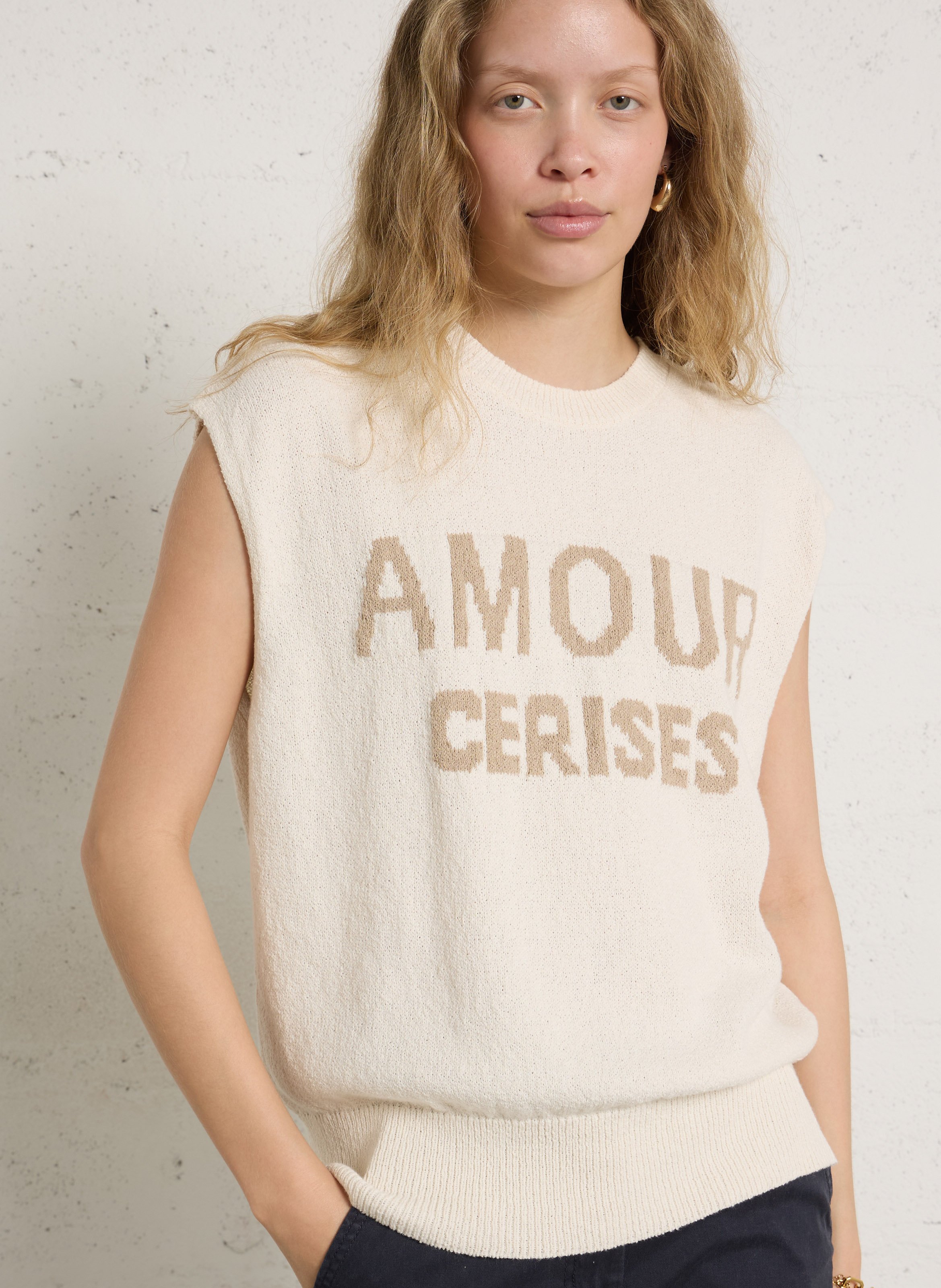 Pull sans manches col rond jacquard en coton mélangé LE TEMPS DES CERISES Bleu