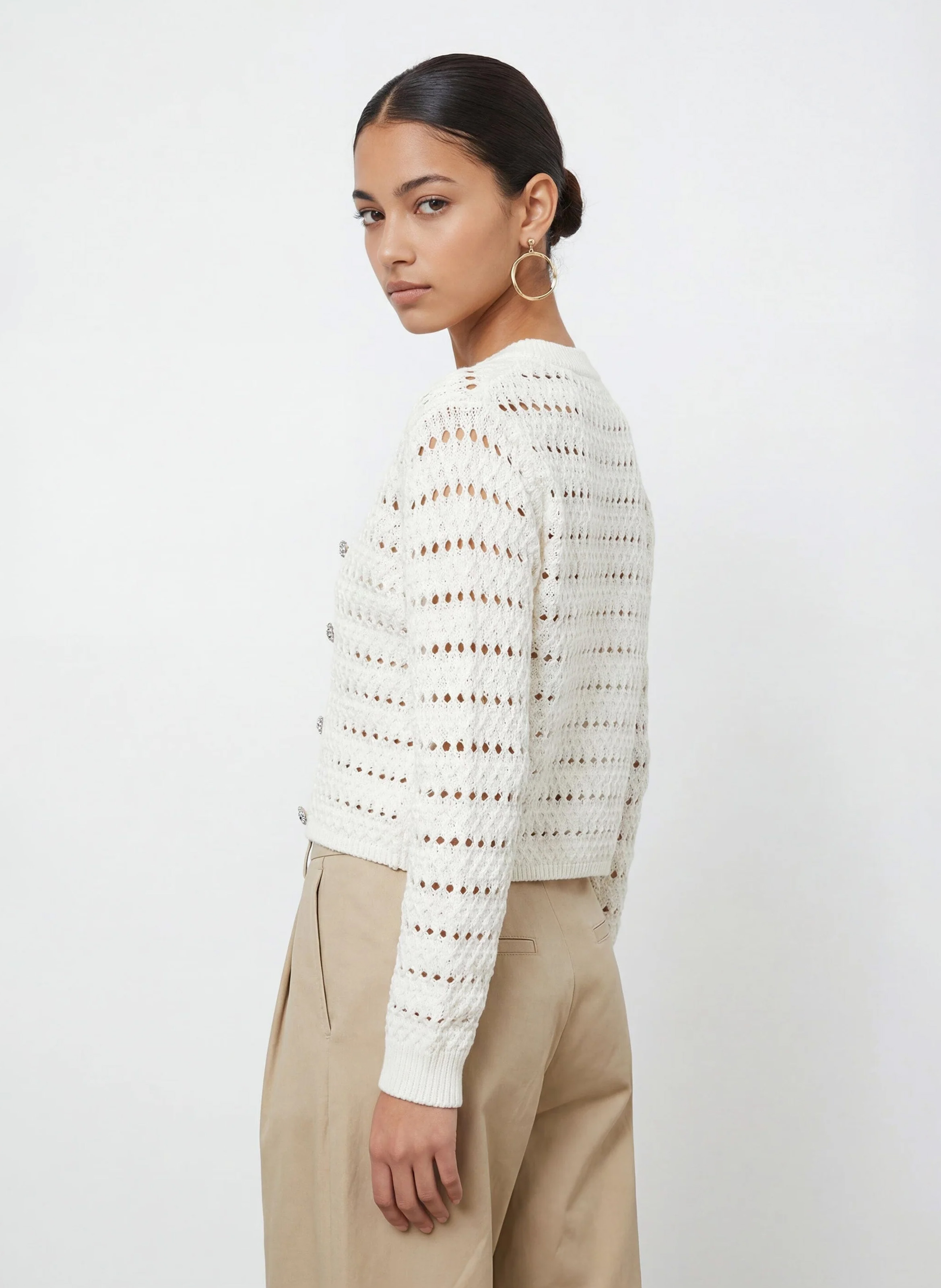 Round-neck fancy knit cardigan KOOKAI White