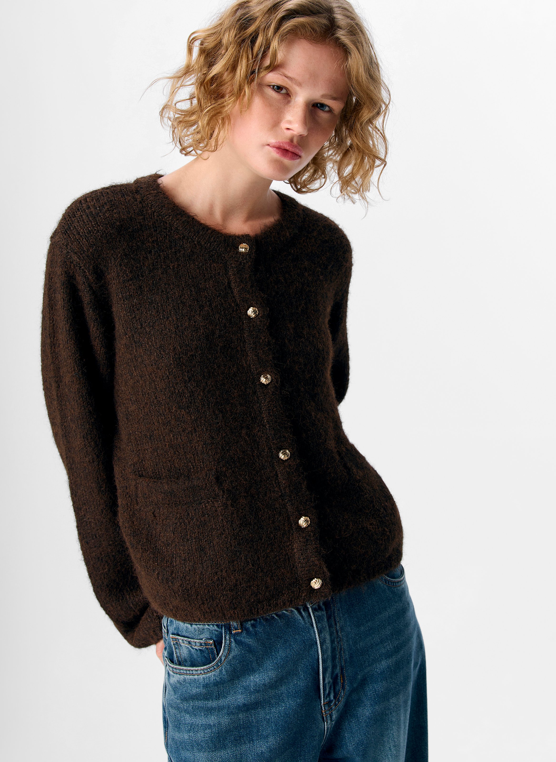Round-neck cardigan OBJECT Brown