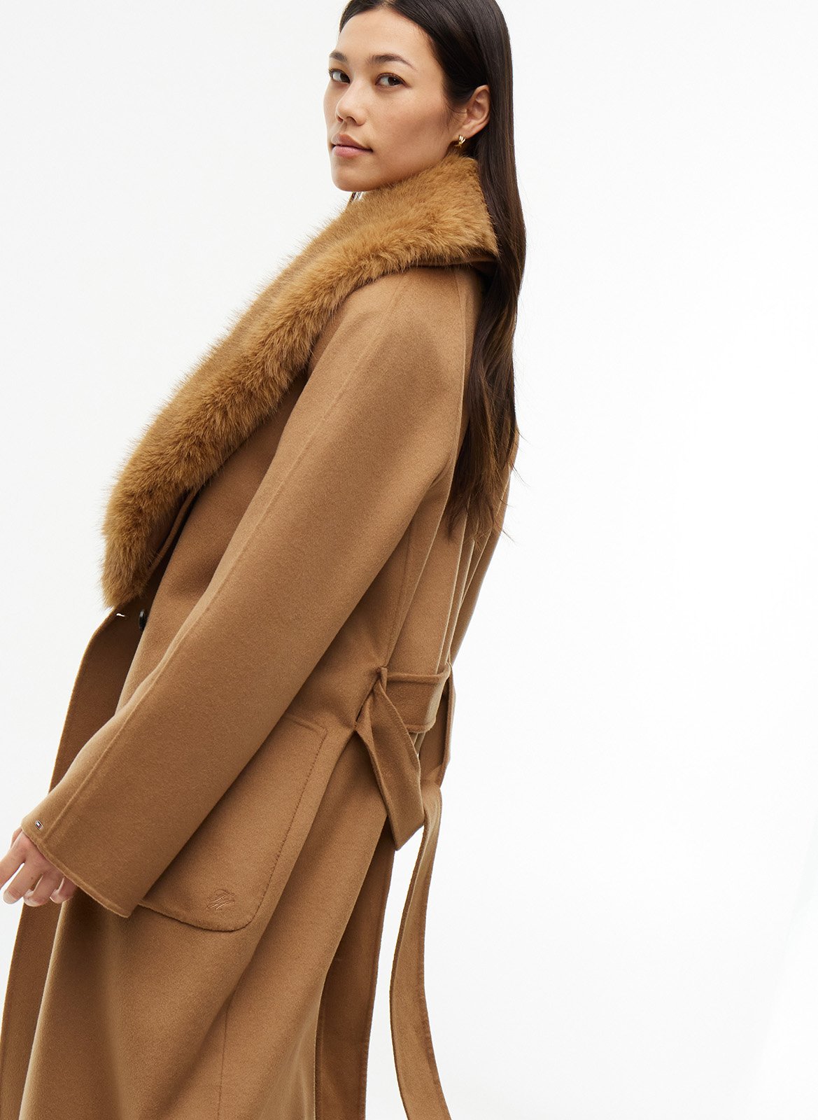 Straight coat with fur collar in mixed wool TOMMY HILFIGER Brown
