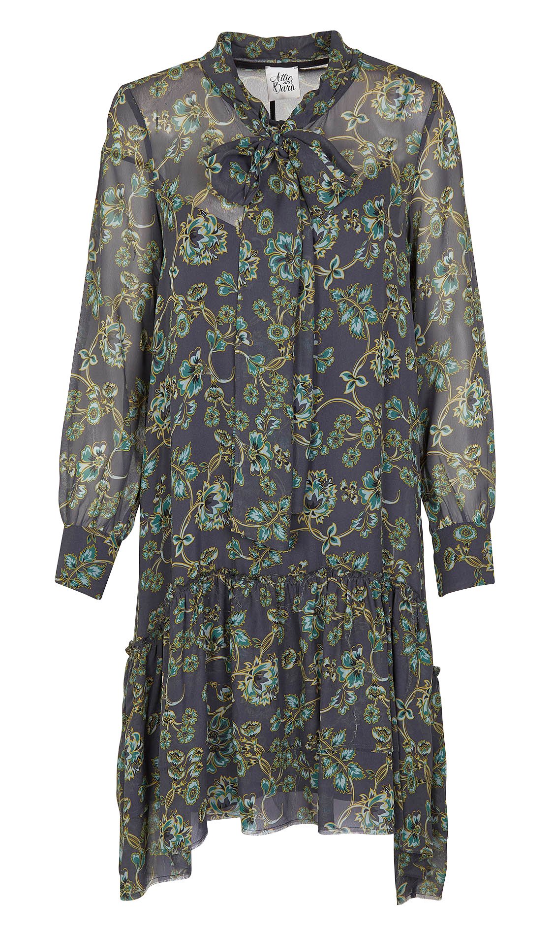 Fluid printed long-sleeved dress with pussy-bow collar  ATTIC AND BARN Blue