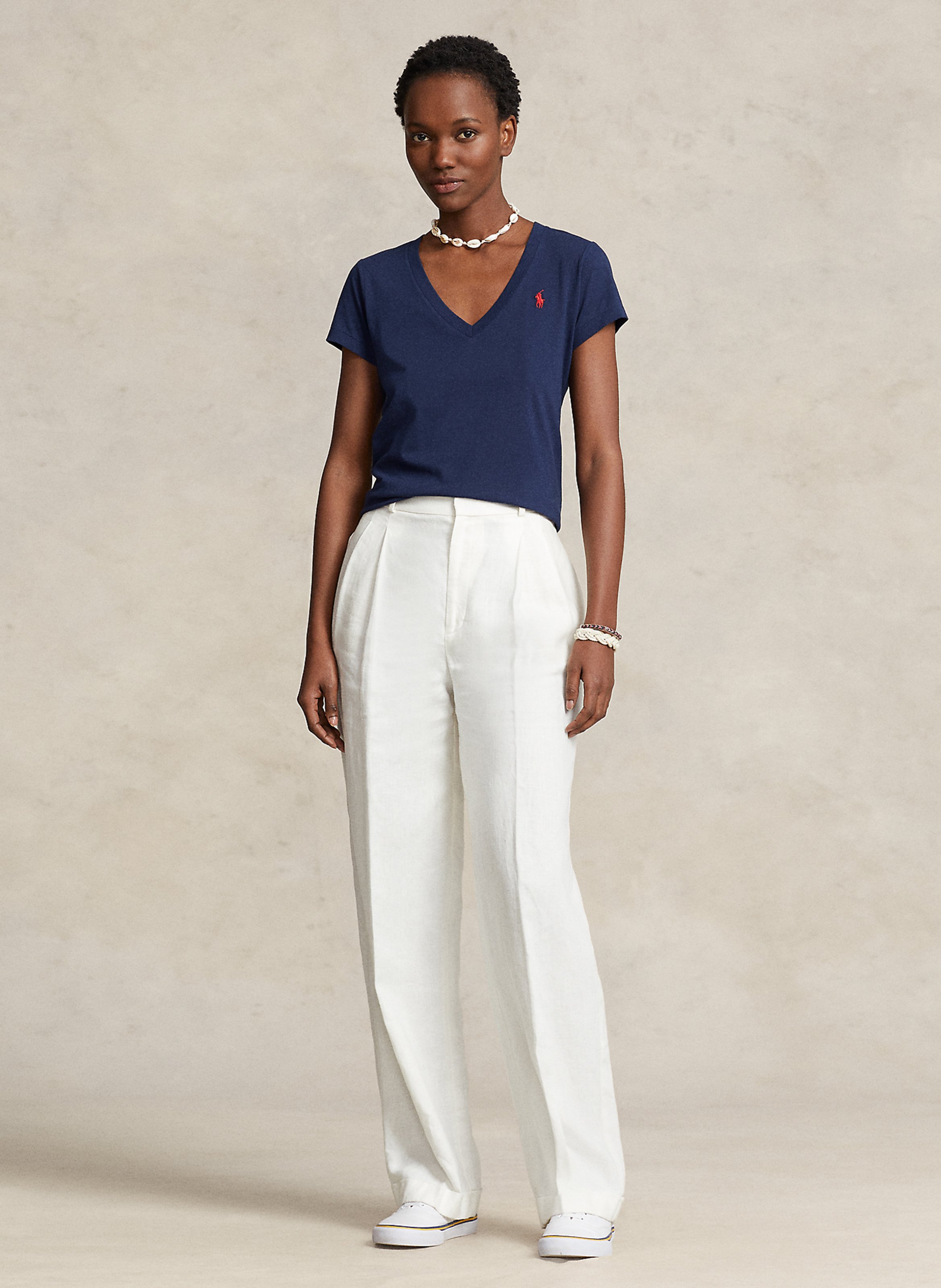 Embroidered cotton V-neck T-shirt Blue