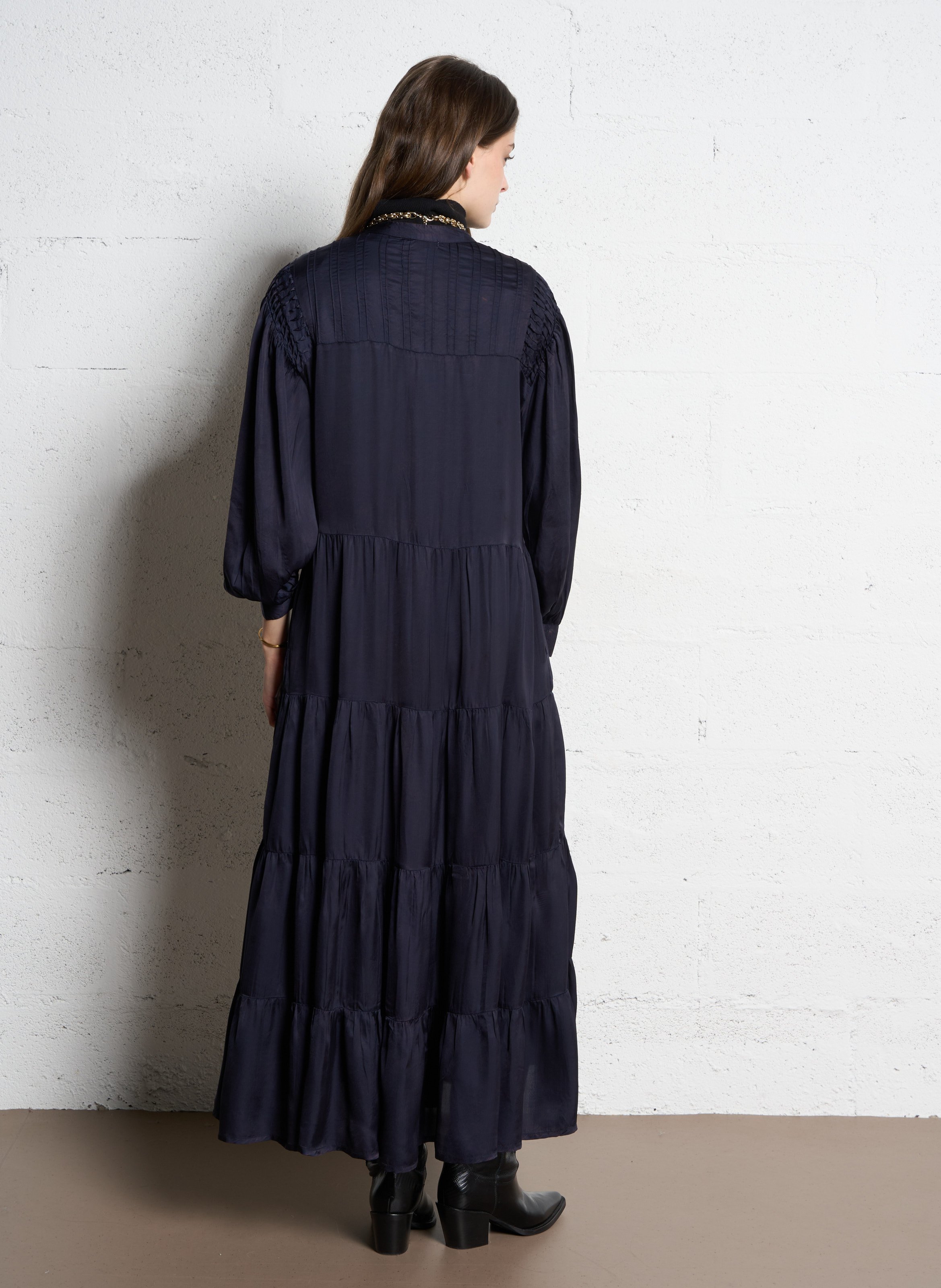 Robe longue col tunisien brodée en coton MAISON HOTEL Bleu