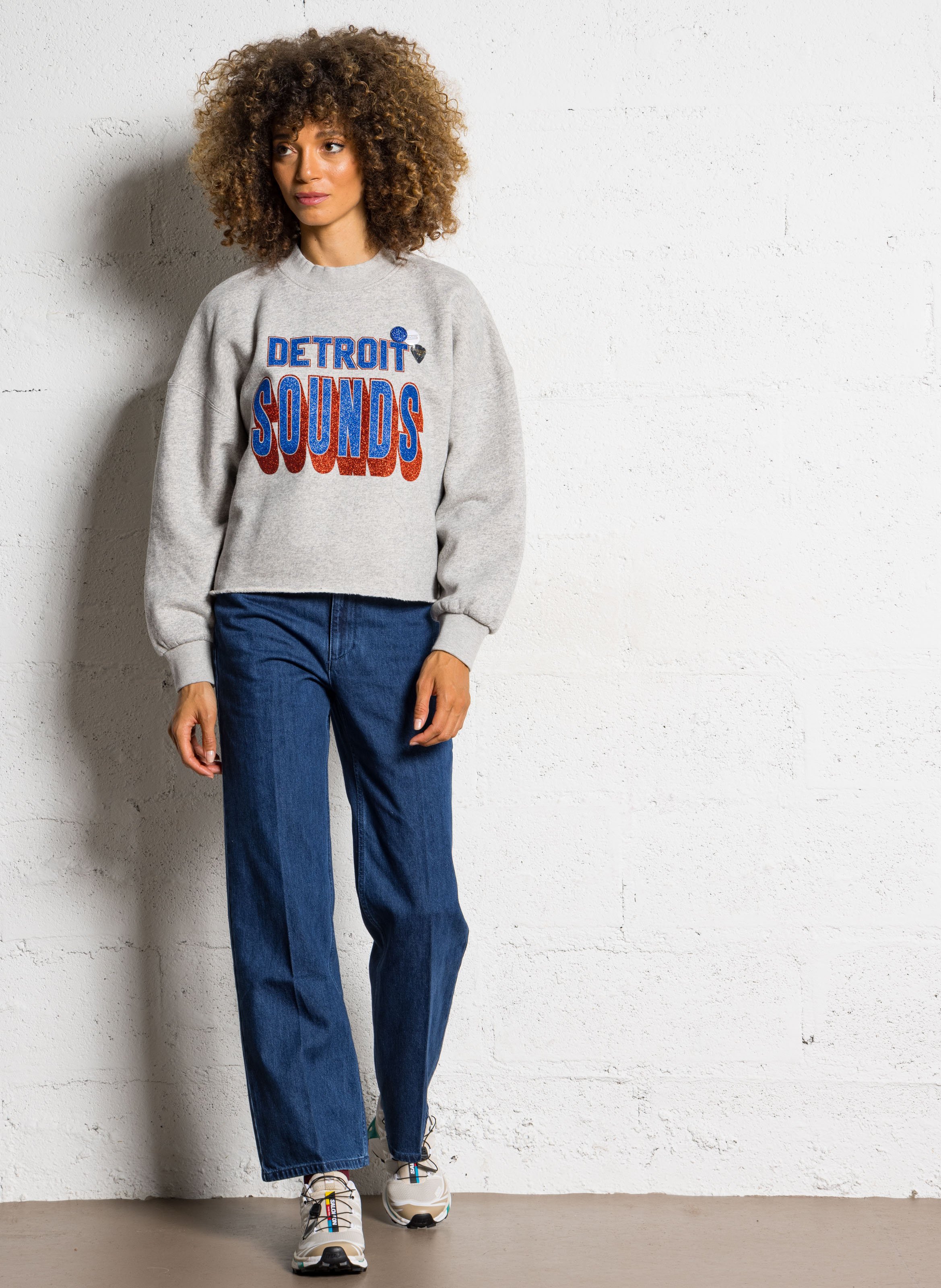 Sweat ample col montant sérigraphie paillettes en coton NEWTONE Gris