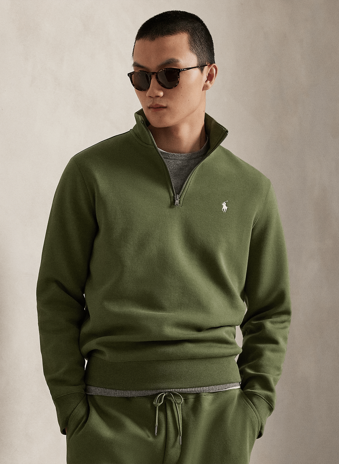 Sweat col zippé en coton mélangé POLO RALPH LAUREN Vert