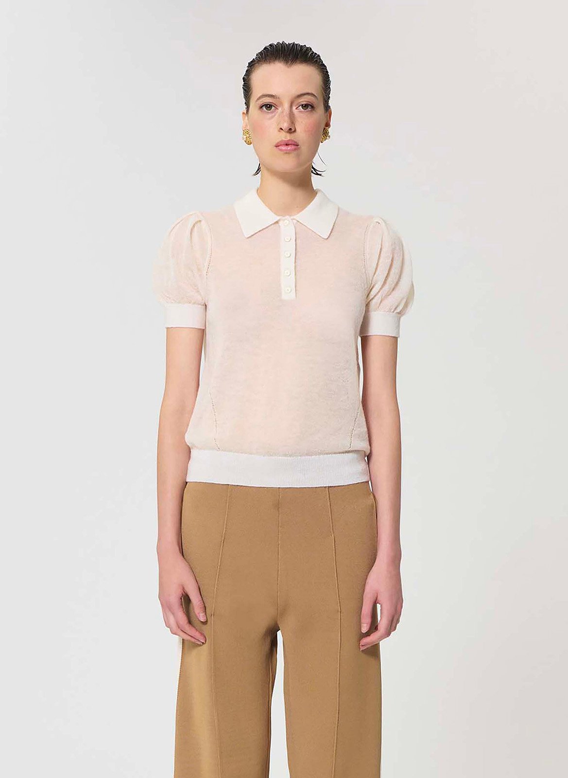 Polo droit manches ballon en laine mélangée TARA JARMON Beige