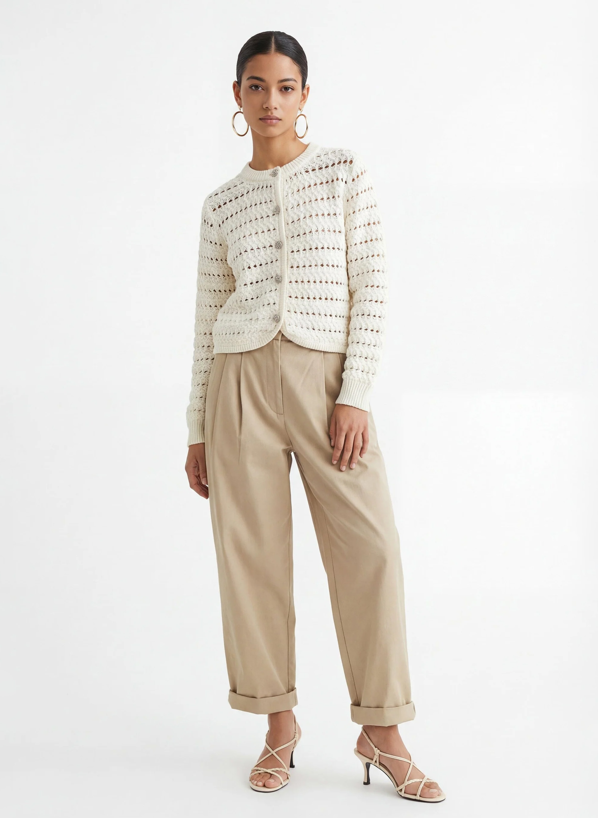 Round-neck fancy knit cardigan KOOKAI White