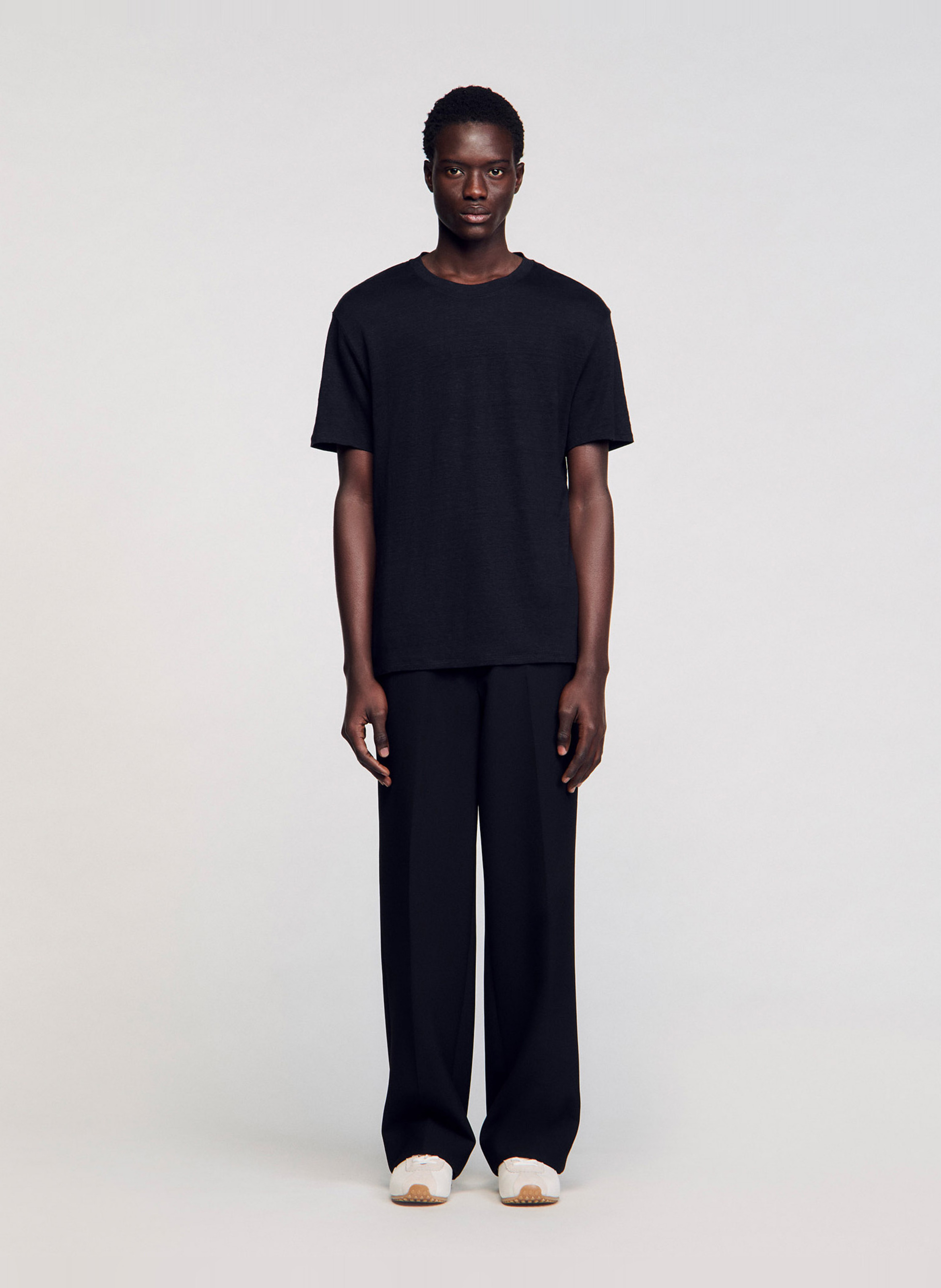 Tee-shirt col rond regular-fit en lin SANDRO Noir