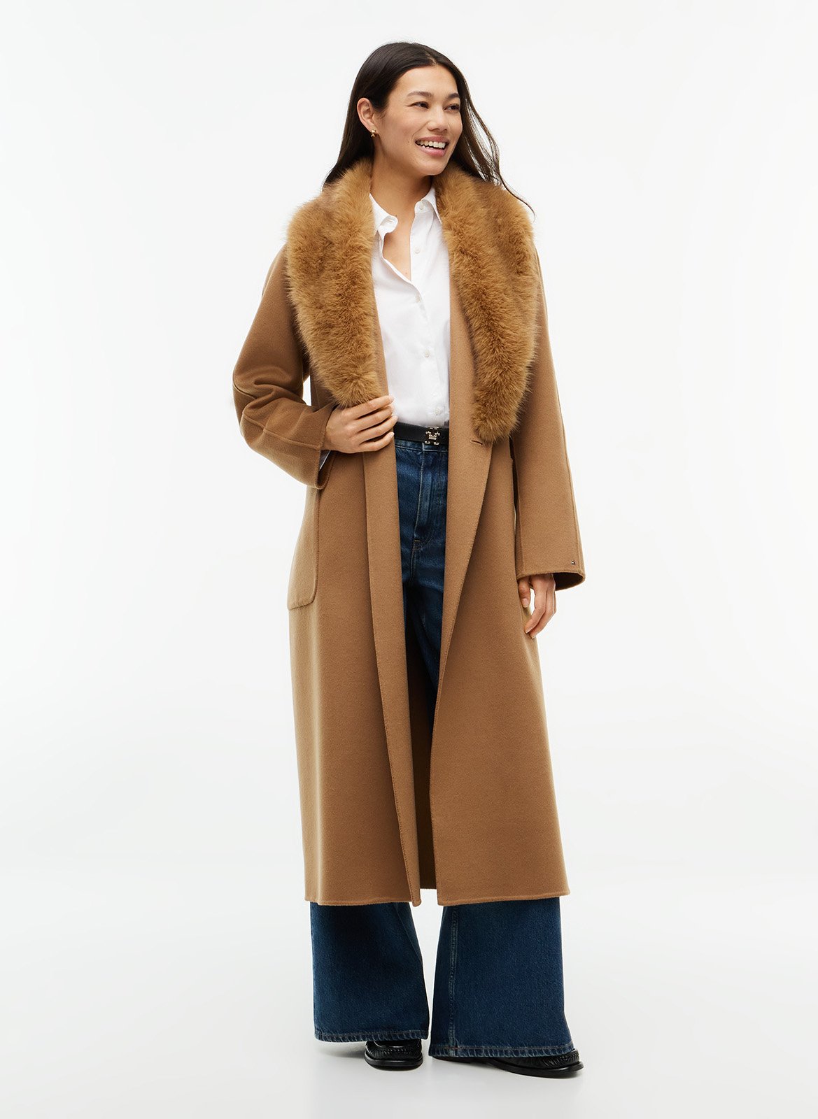 Straight coat with fur collar in mixed wool TOMMY HILFIGER Brown