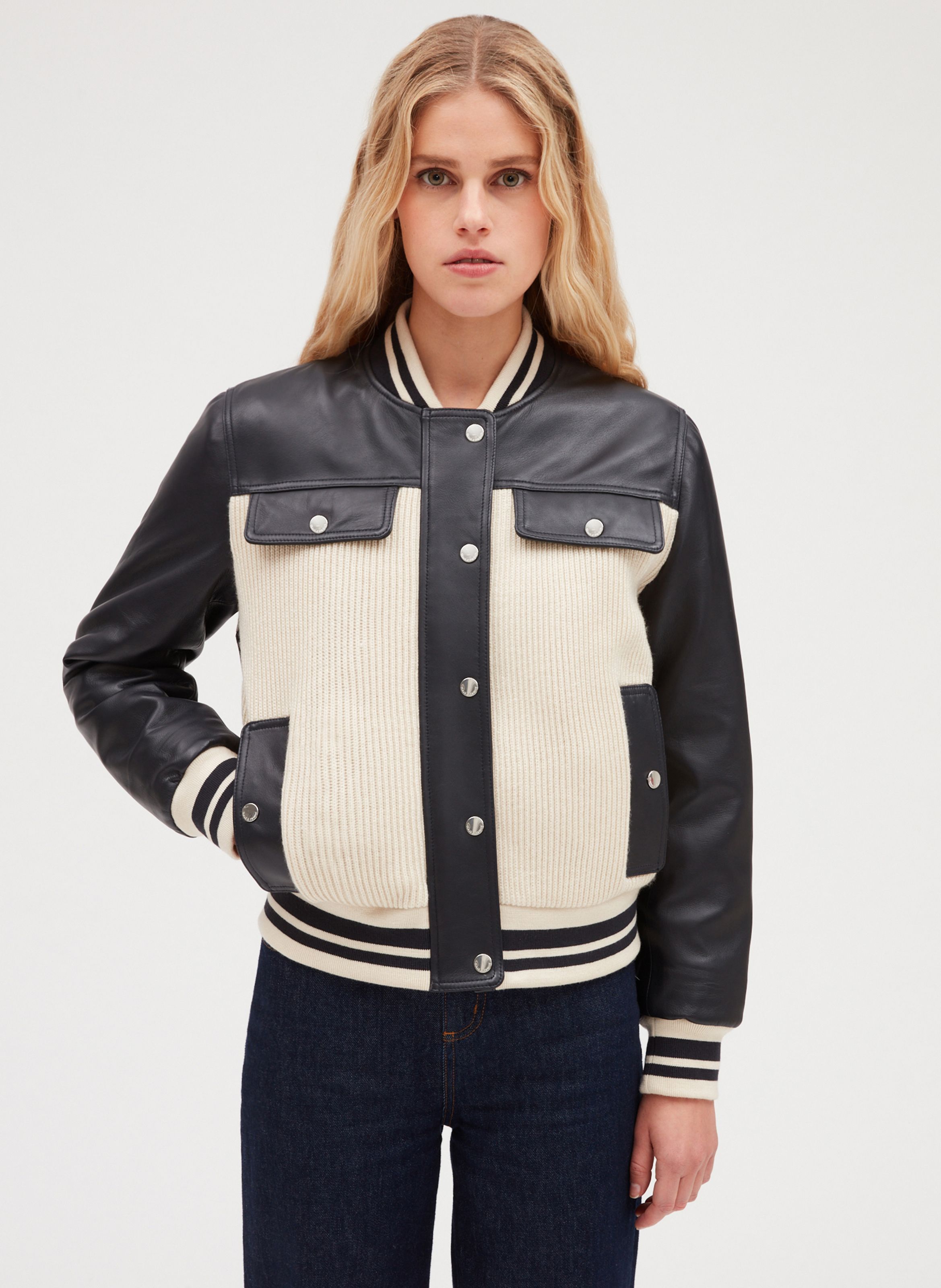 Two tone Lambskin Leather Jacket Bicolore Claudie Pierlot Women