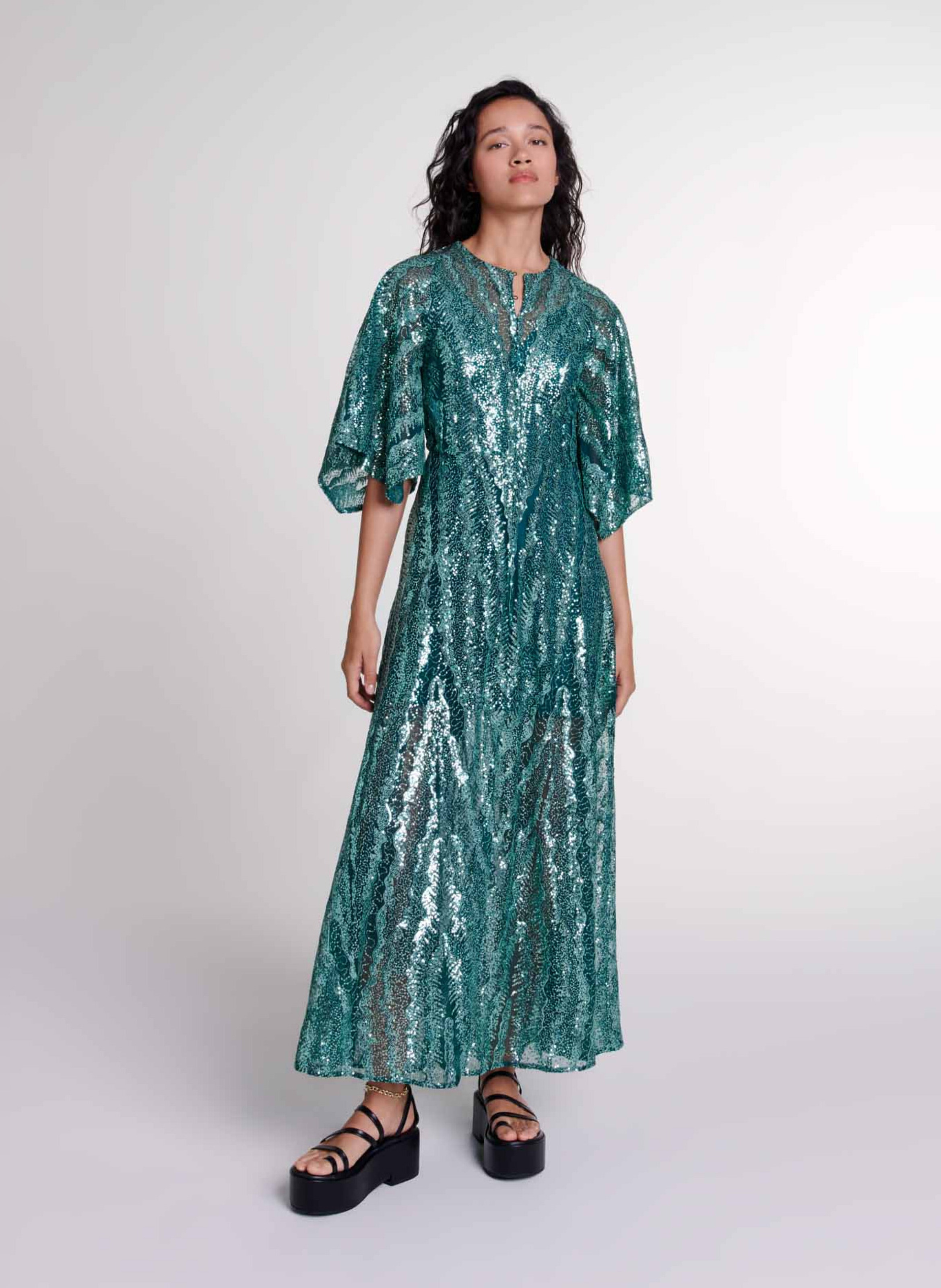 Robe longue col V a sequins Vert