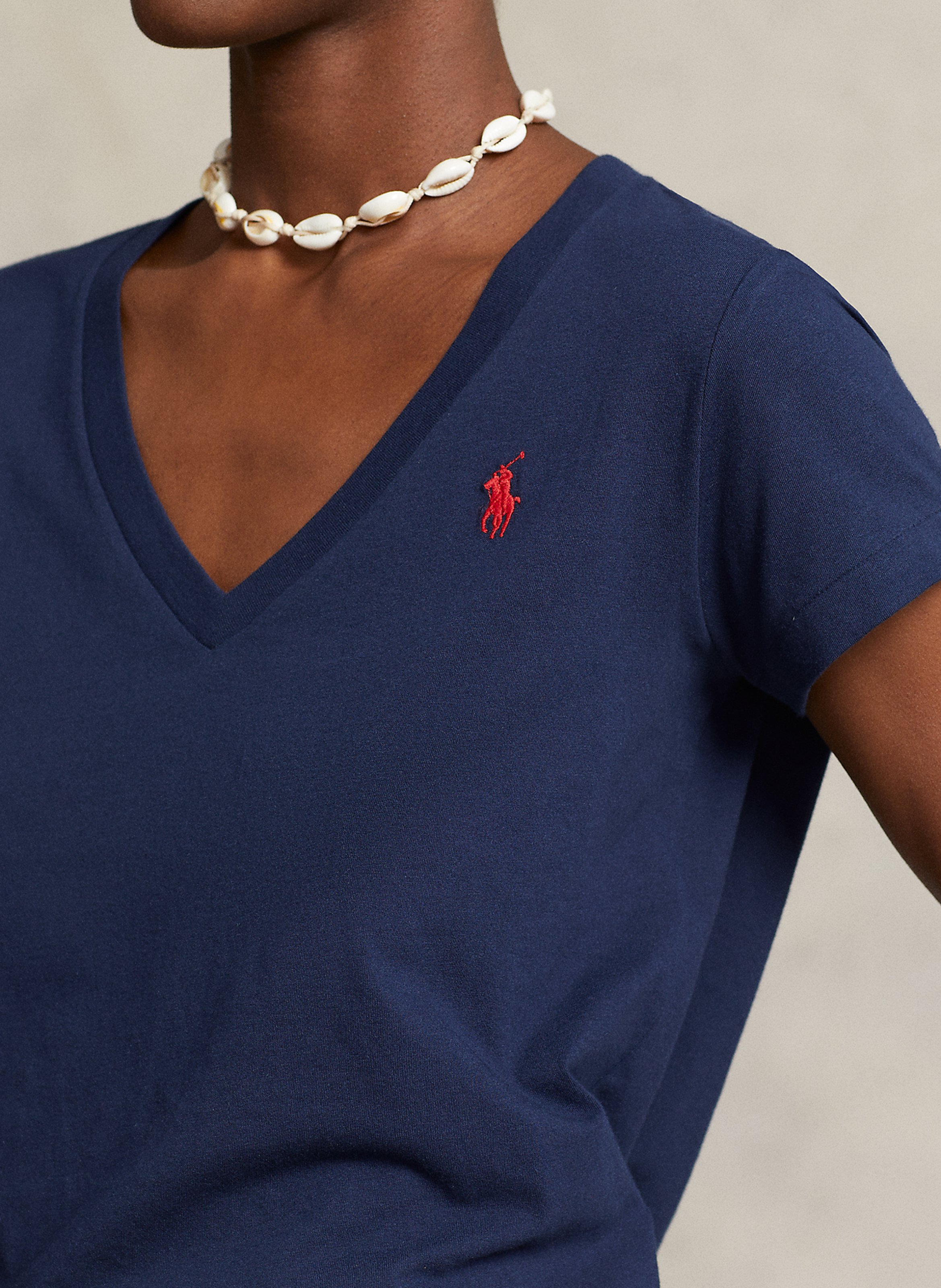 Embroidered cotton V-neck T-shirt Blue