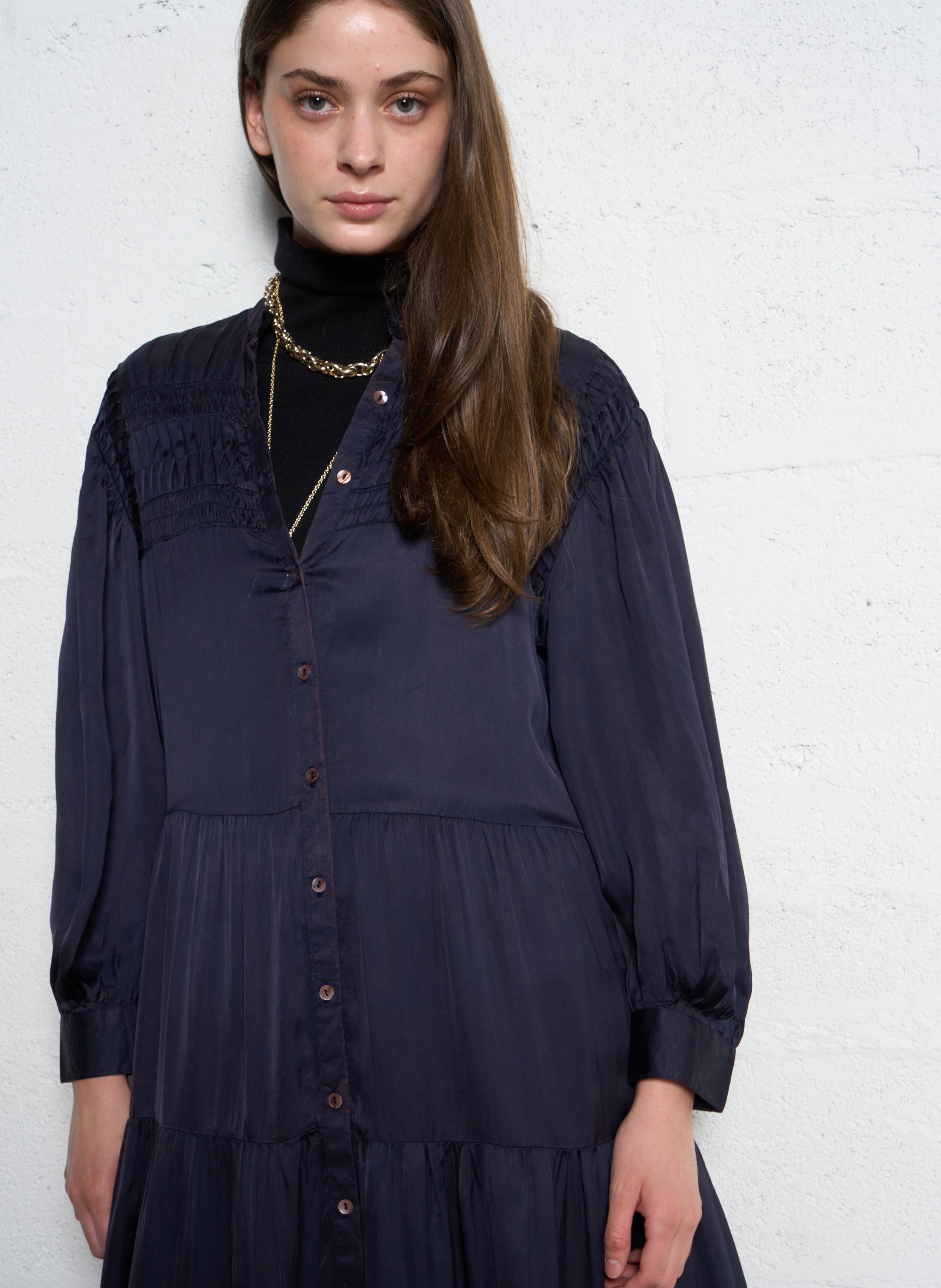 Robe longue col tunisien brodée en coton MAISON HOTEL Bleu