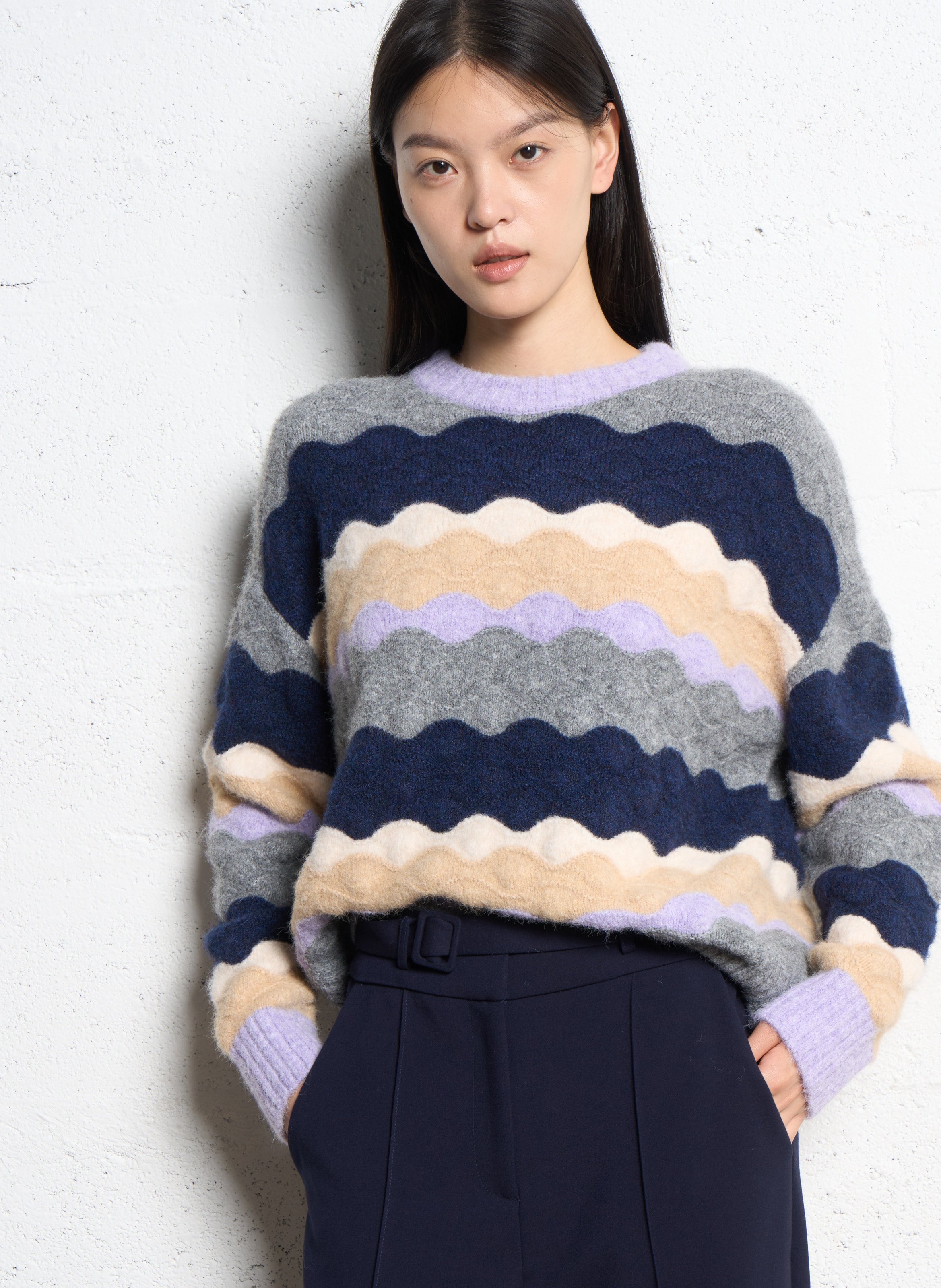 Pull ample rayé en maille fantaisie SUNCOO Gris