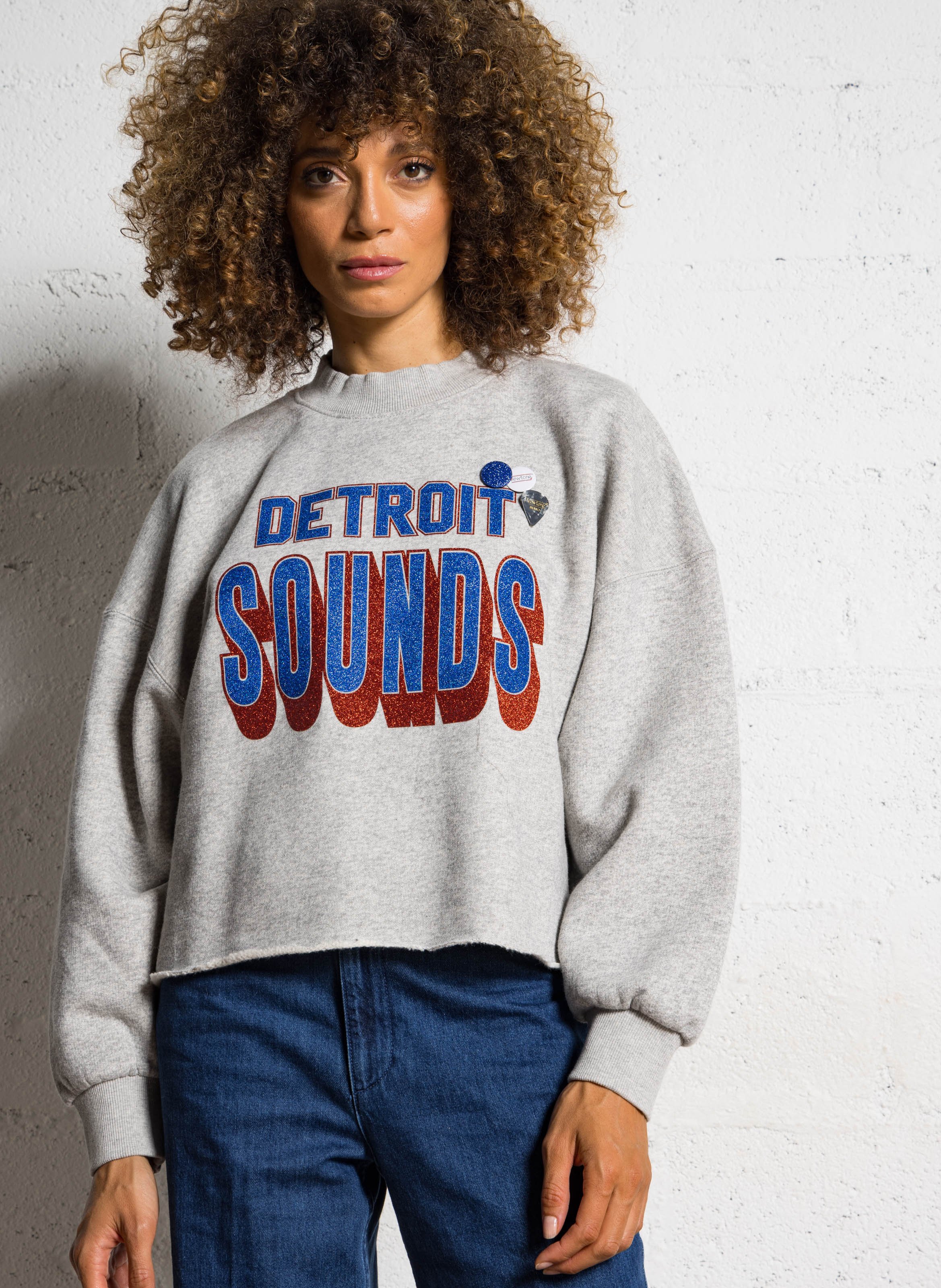 Sweat ample col montant sérigraphie paillettes en coton NEWTONE Gris