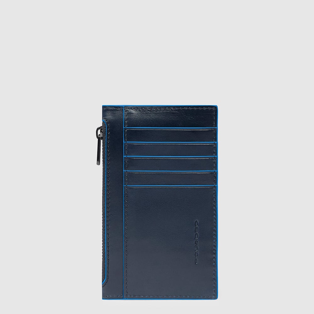 Slim leather credit card holder for men with coin pocket and RFID protection PIQUADRO Blue