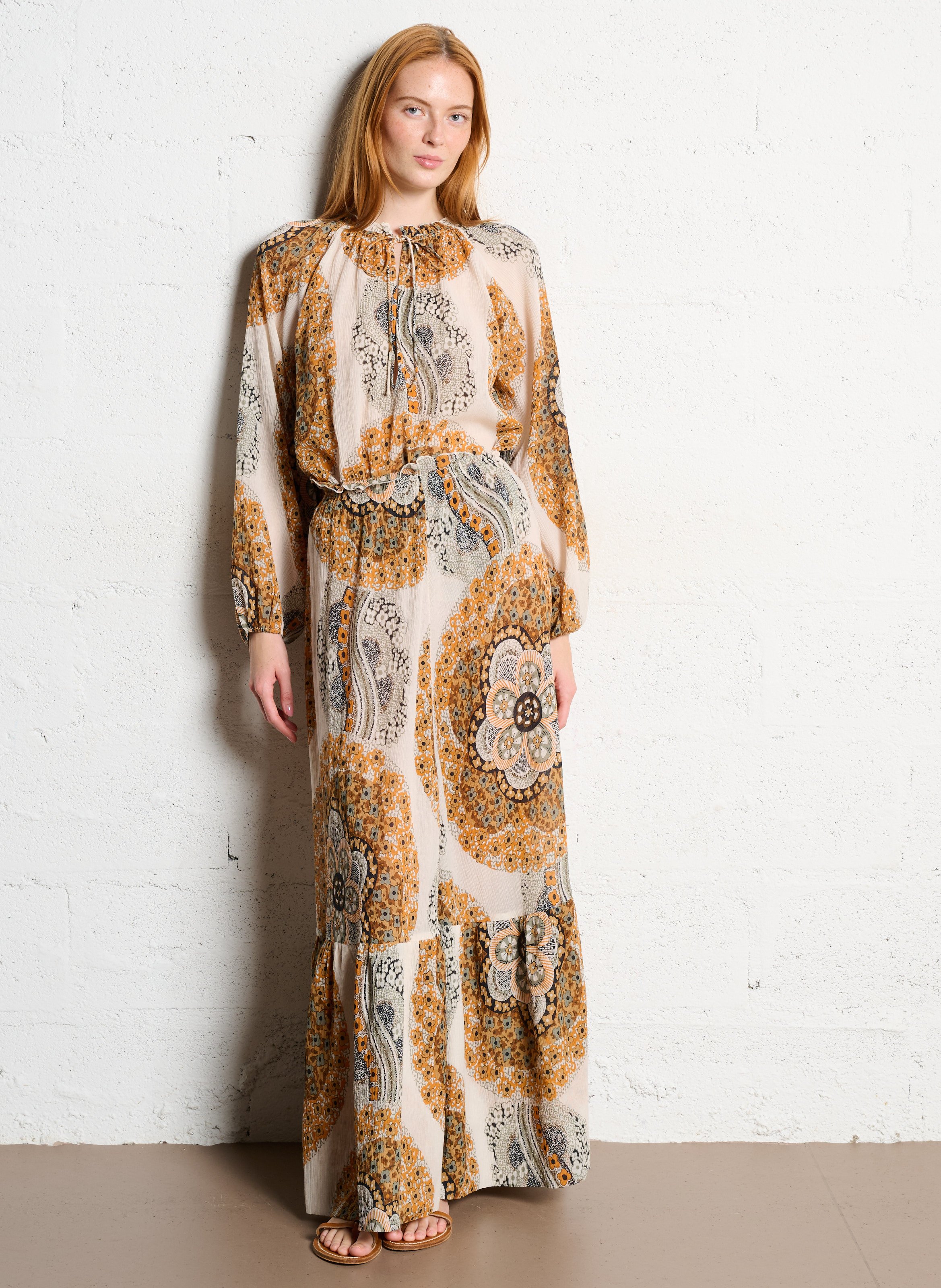 Wijde lange bedrukte rok ANTIK BATIK Bruin