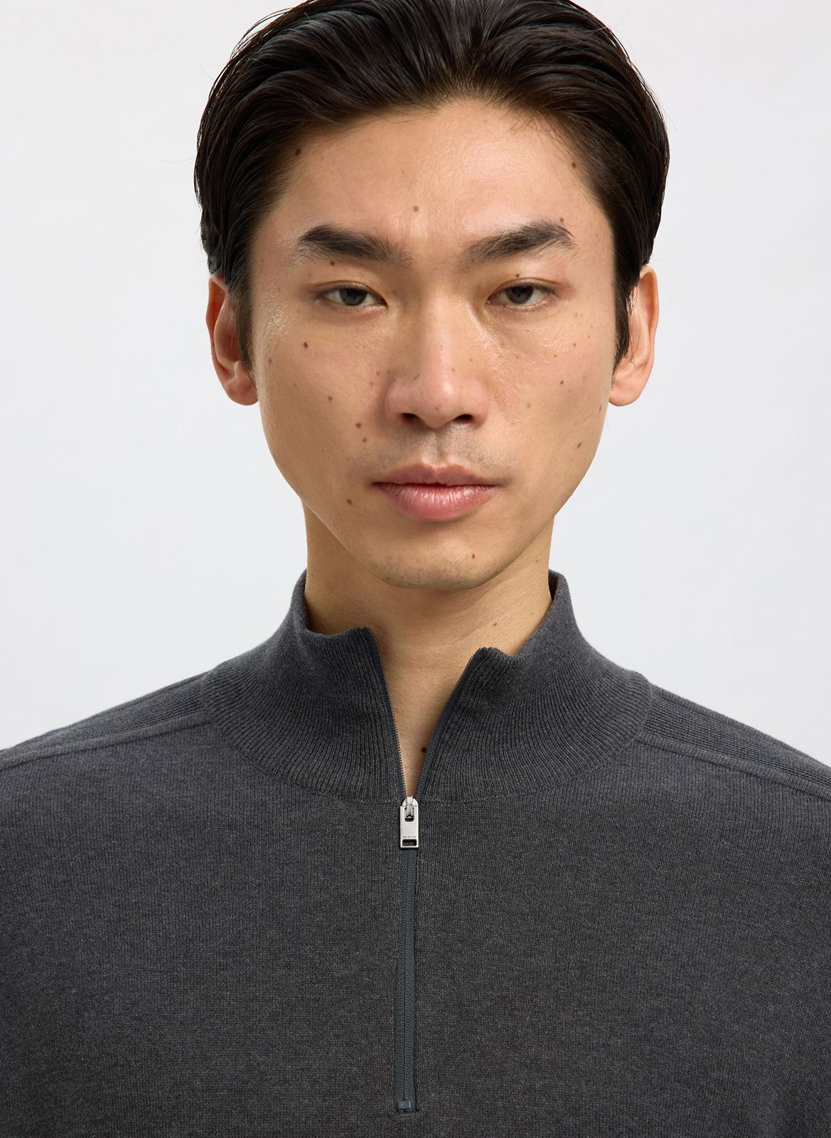 Regular-fit cotton sweater with zip-up high neck SELECTED Grey