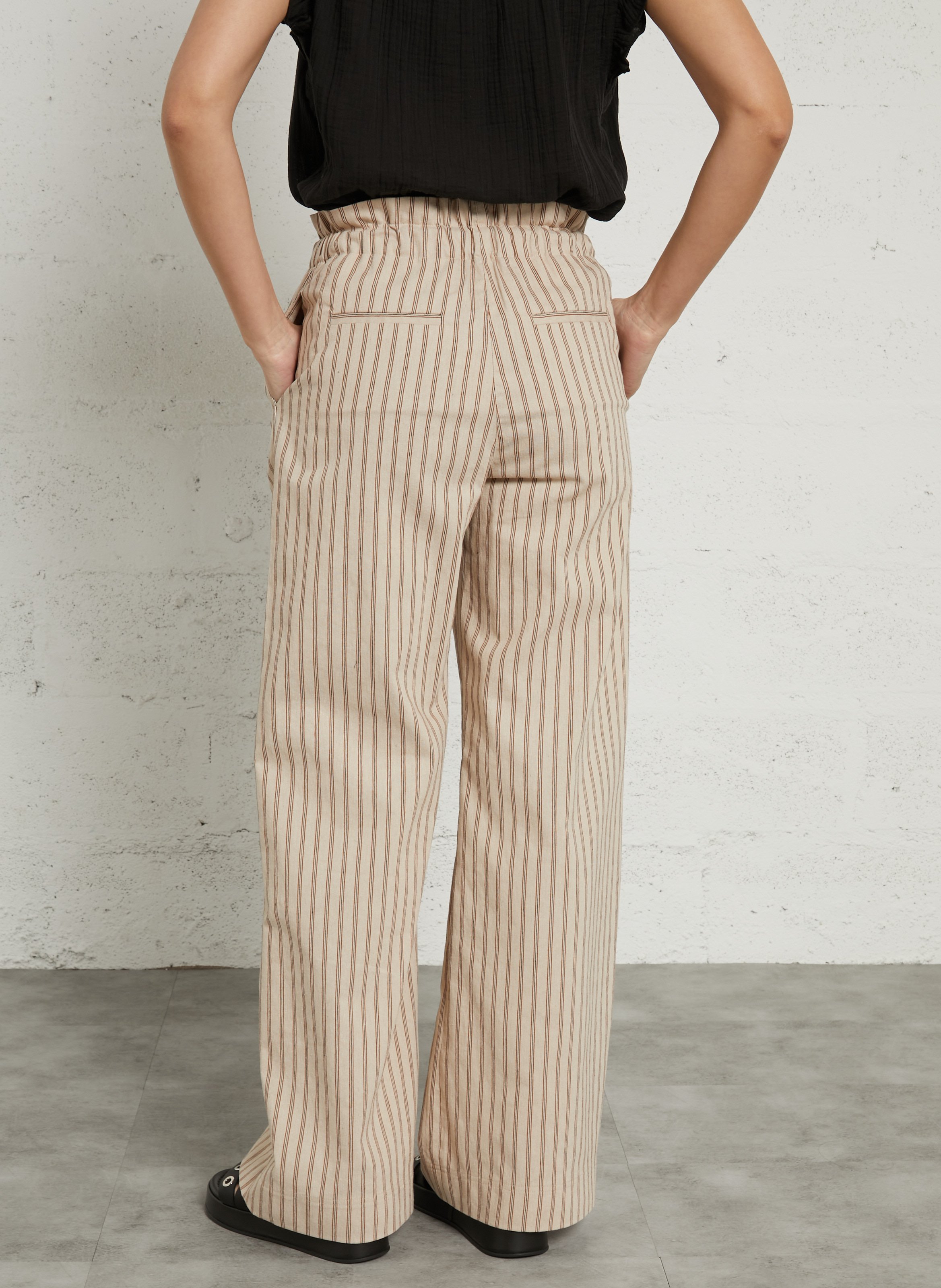 Pantalon large en coton mélangé rayé DES PETITS HAUTS Marron