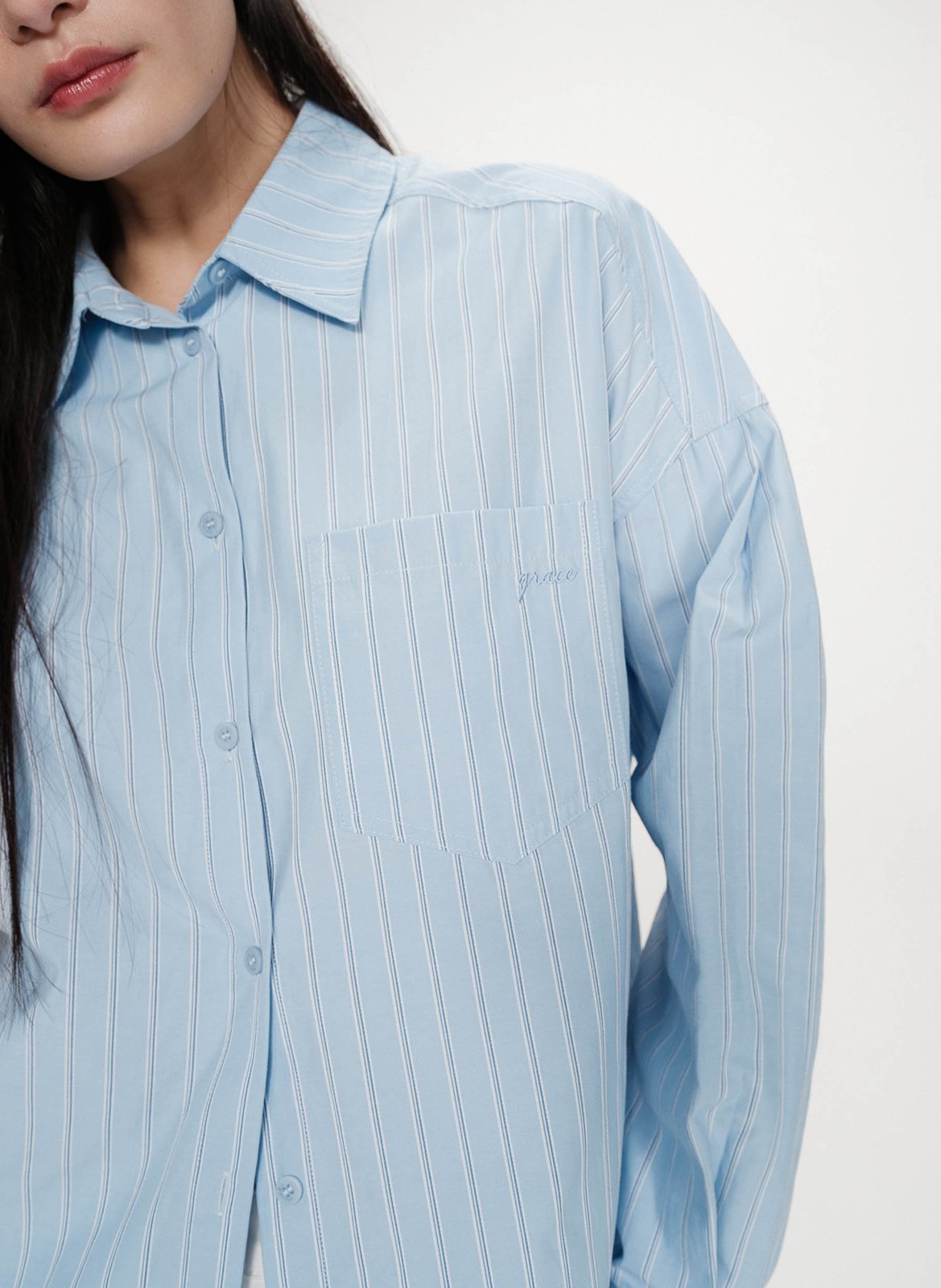 Chemise oversize col classique en coton mélangé rayé GRACE ET MILA Bleu