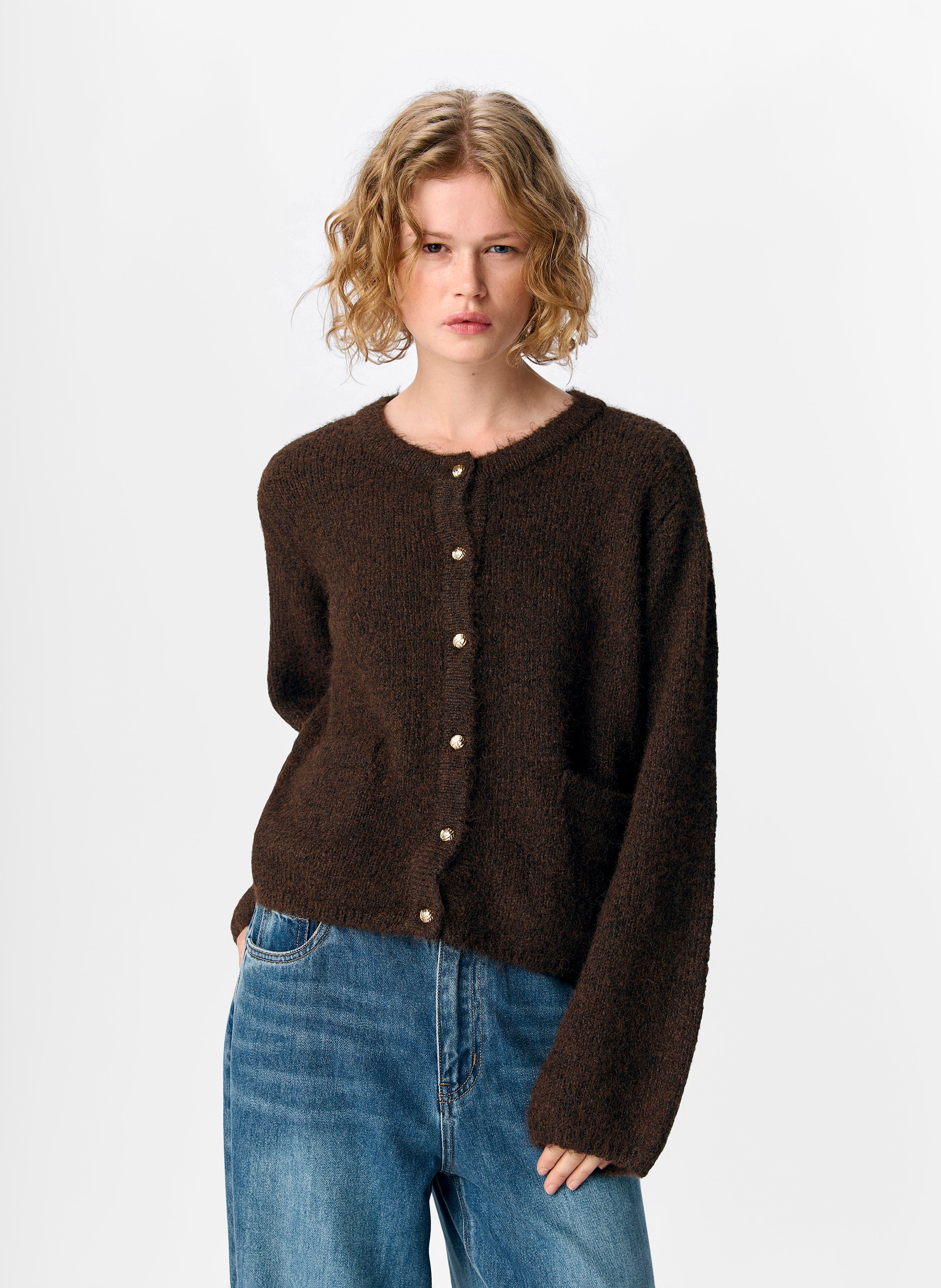 Round-neck cardigan OBJECT Brown