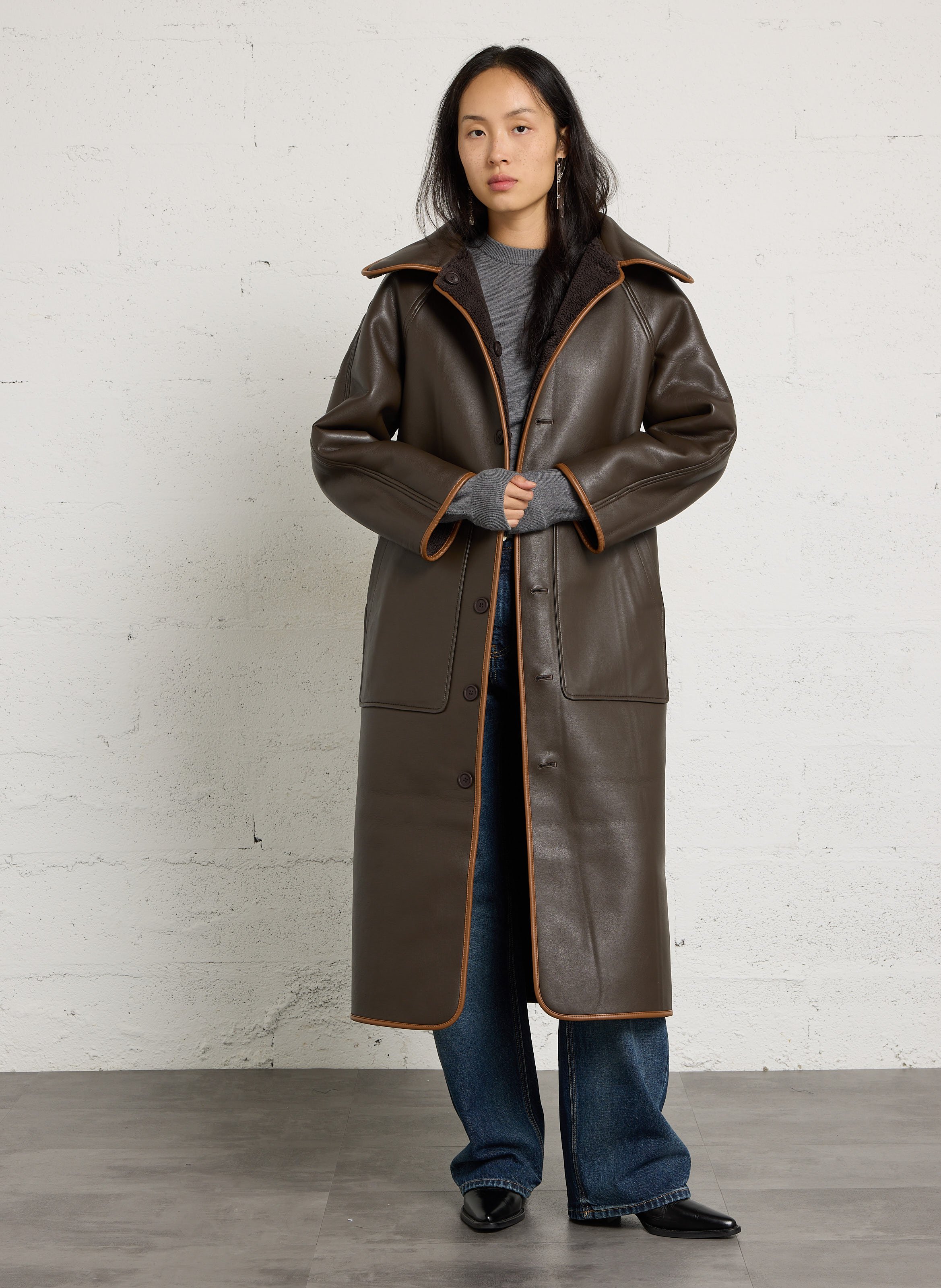 Straight coat with classic collar in faux leather THE TINY BIG SISTER Brown
