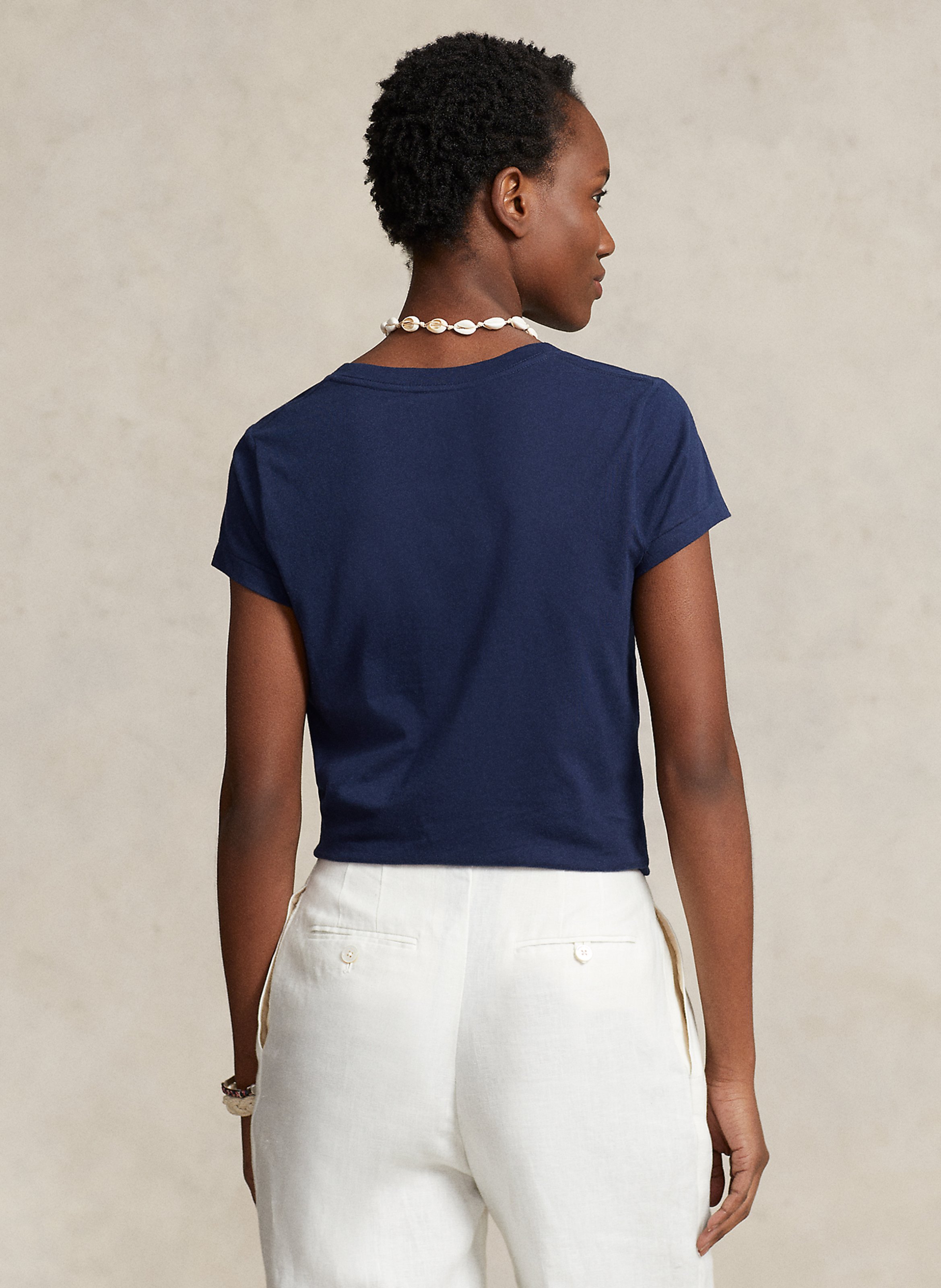 Embroidered cotton V-neck T-shirt Blue