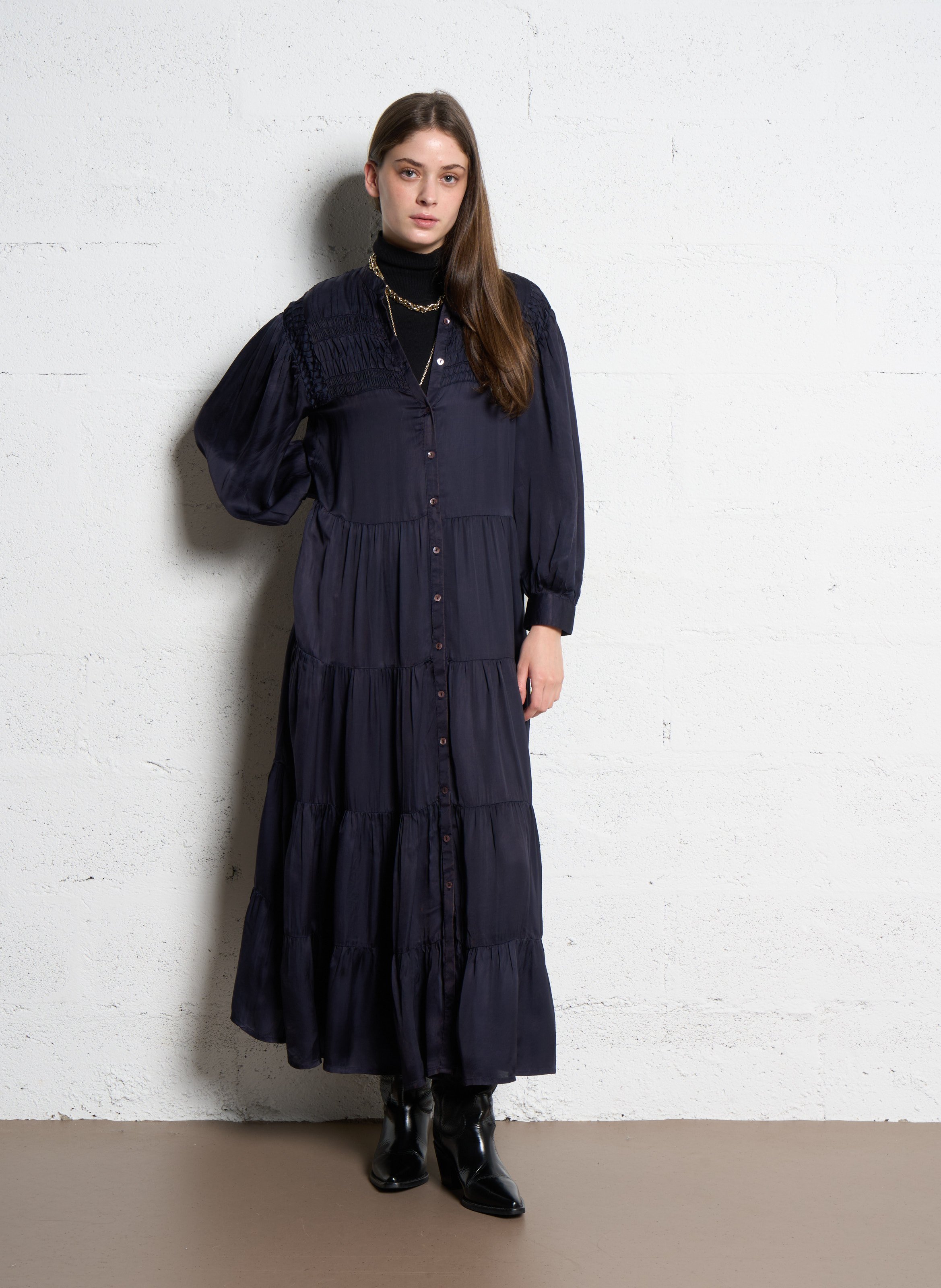 Robe longue col tunisien brodée en coton MAISON HOTEL Bleu