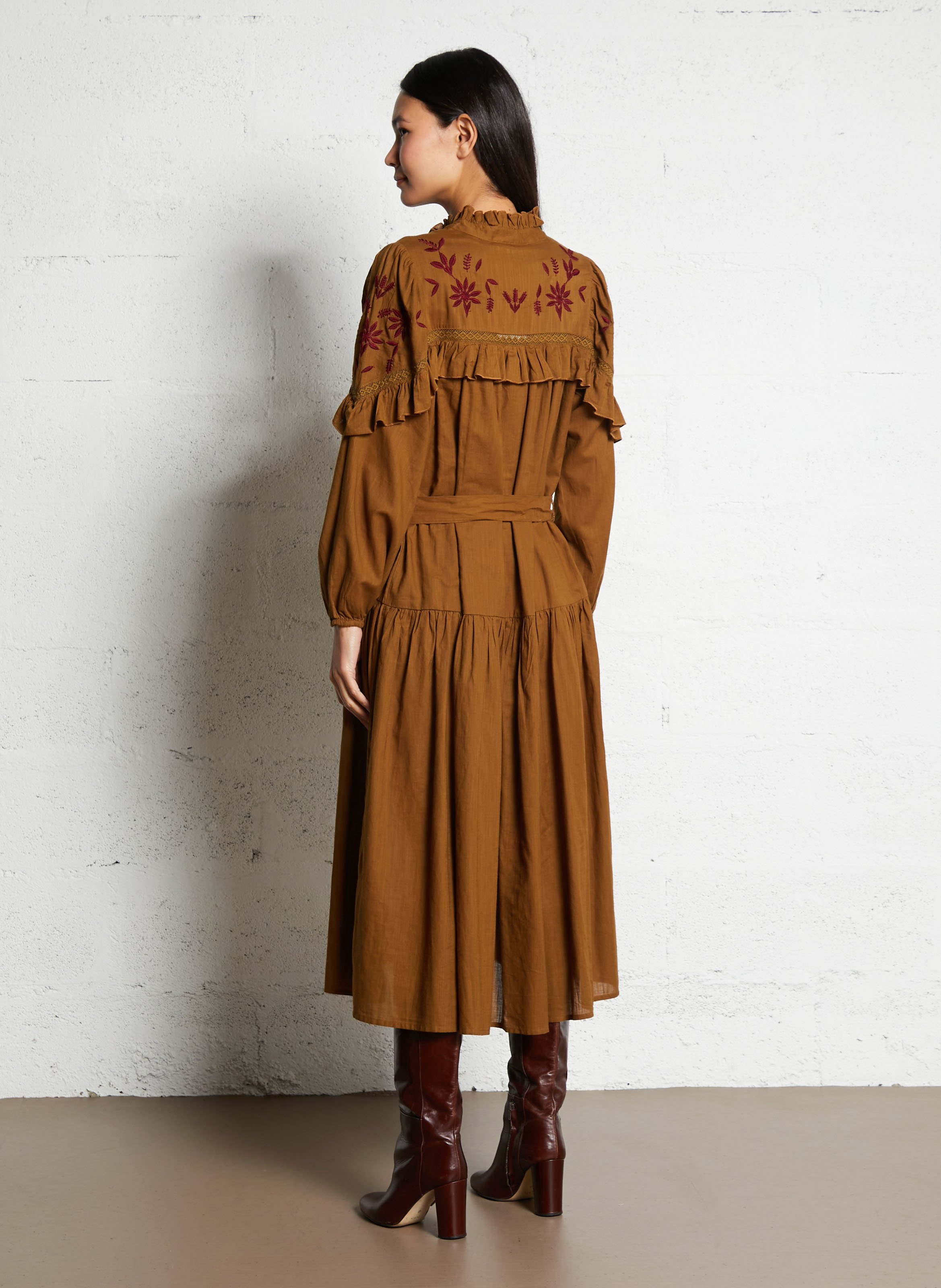 Long round-neck embroidered cotton dress SOPHIE+LUCIE Green