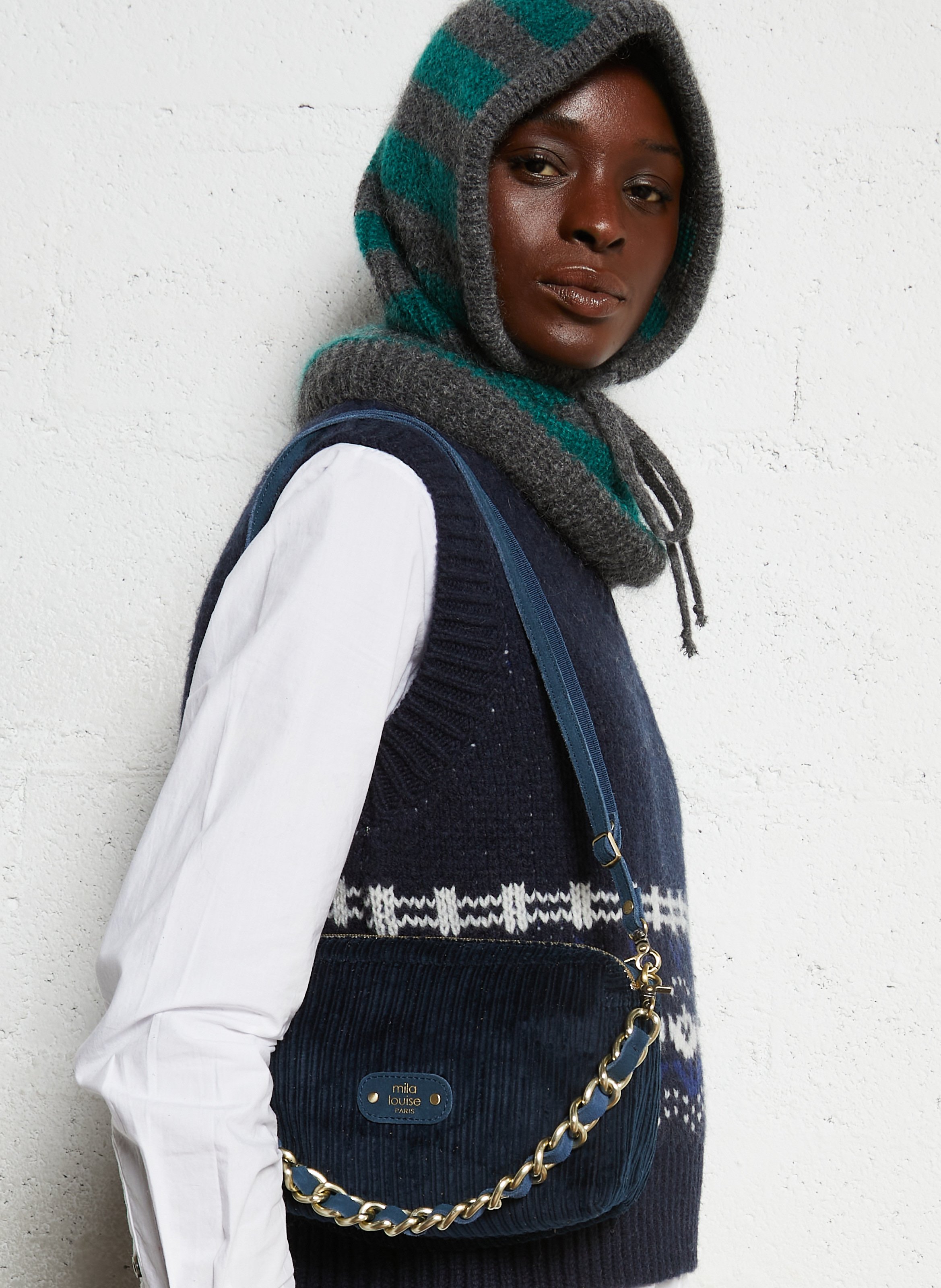 Schoudertas van geribbeld suèdeleer MILA LOUISE Blauw