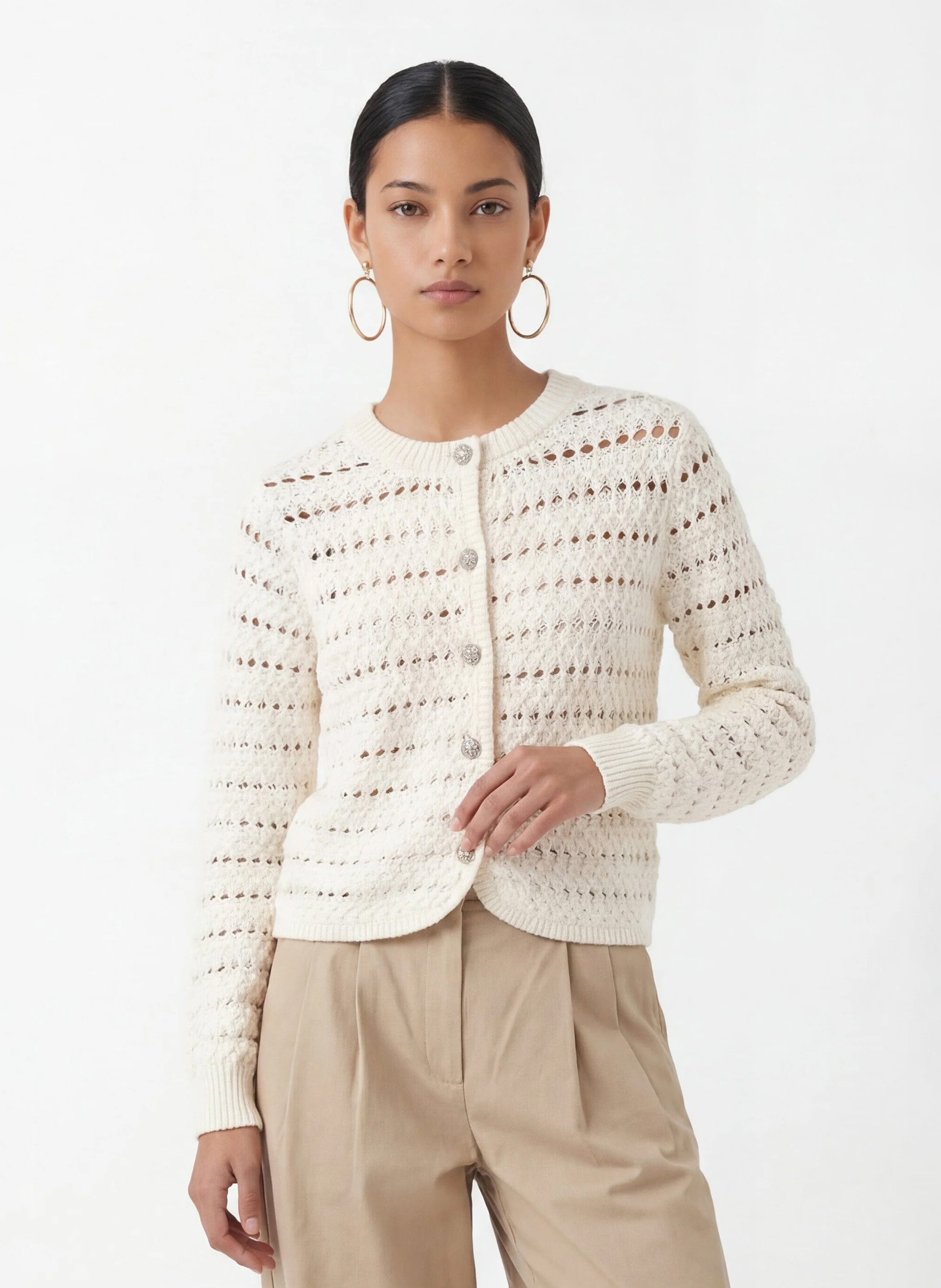 Round-neck fancy knit cardigan KOOKAI White