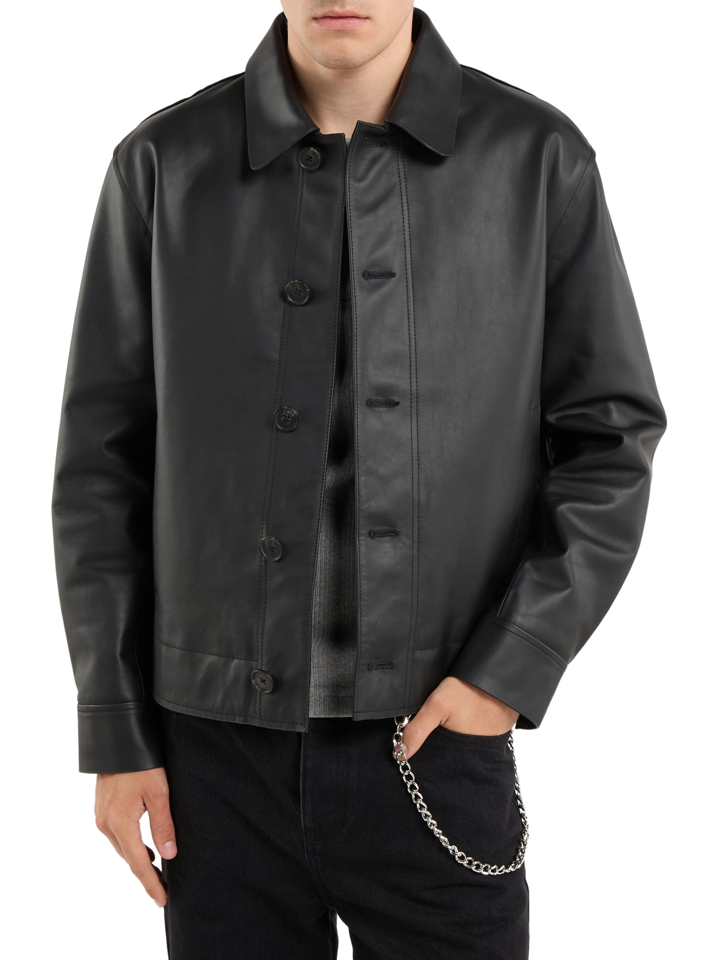Straight buttoned leather jacket SAISON 1865 Black