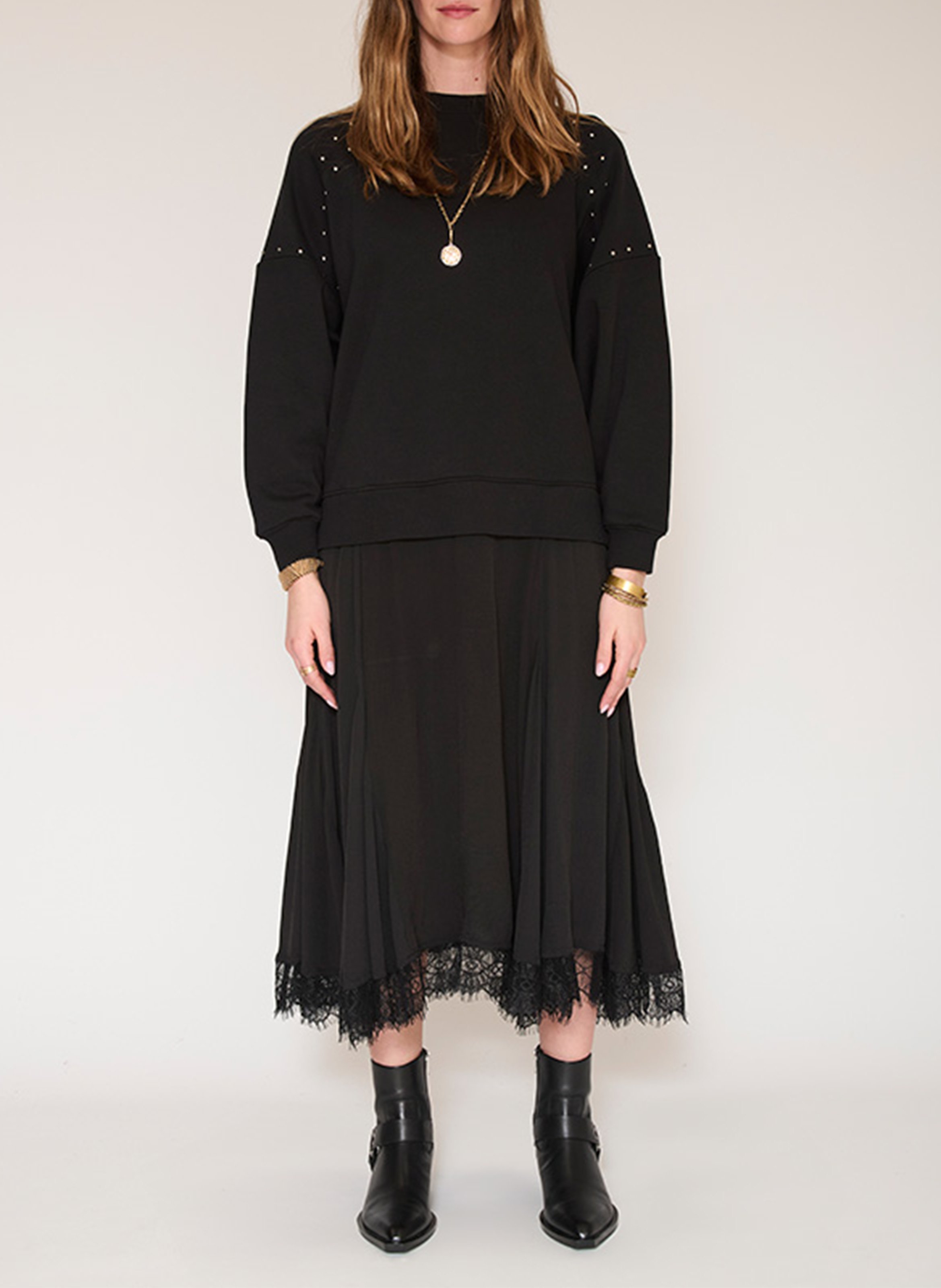Langes Kleid mit rundem Ausschnitt, 2-teilig. MKT Schwarz