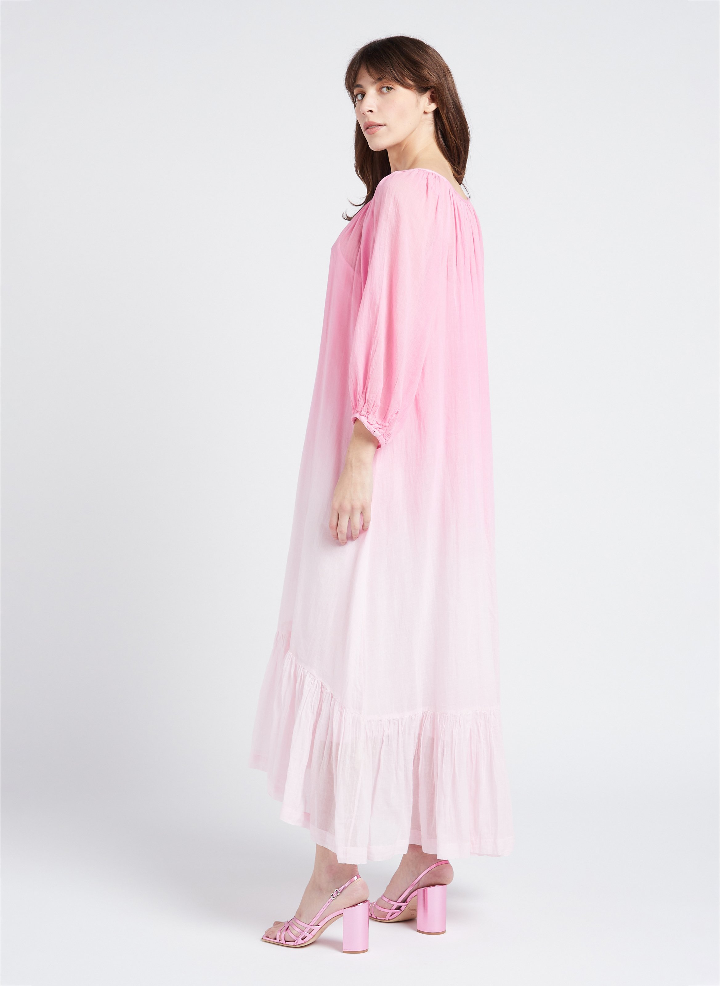 Long loose-fit gathered cotton dress SWILDENS Pink