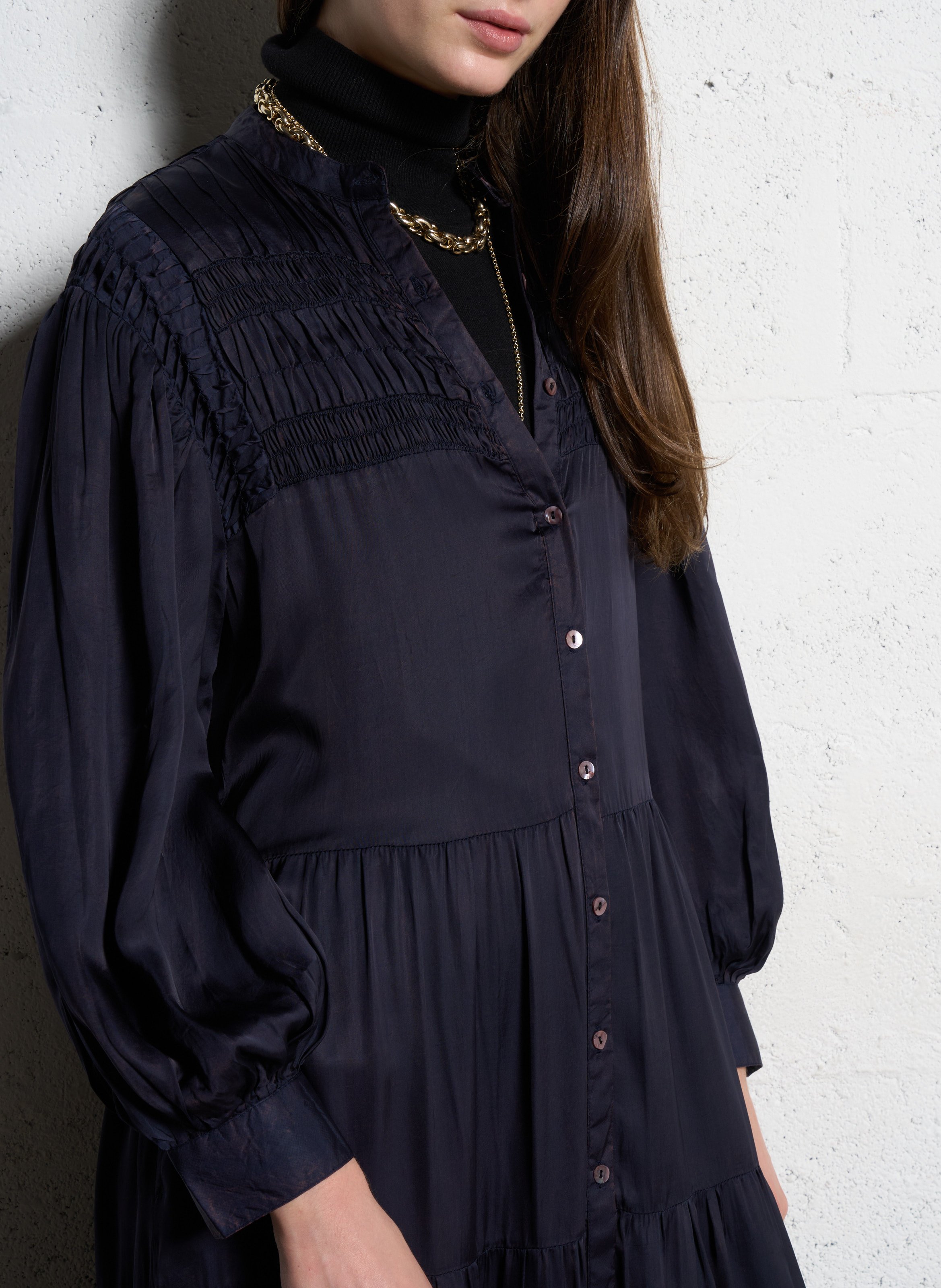 Robe longue col tunisien brodée en coton MAISON HOTEL Bleu