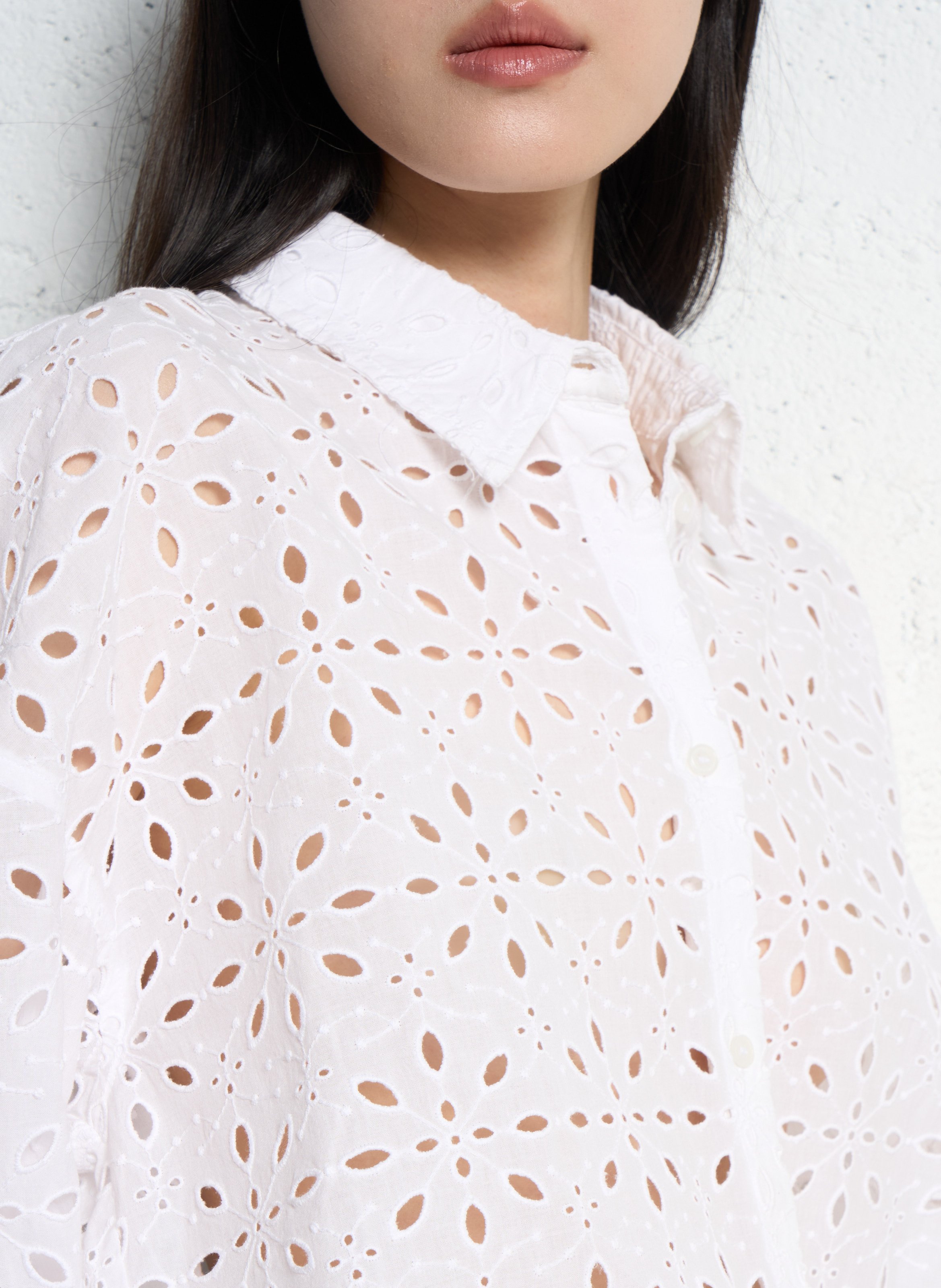 Oversize Hemd mit klassischem Kragen in Broderie Anglaise IKKS Weiss