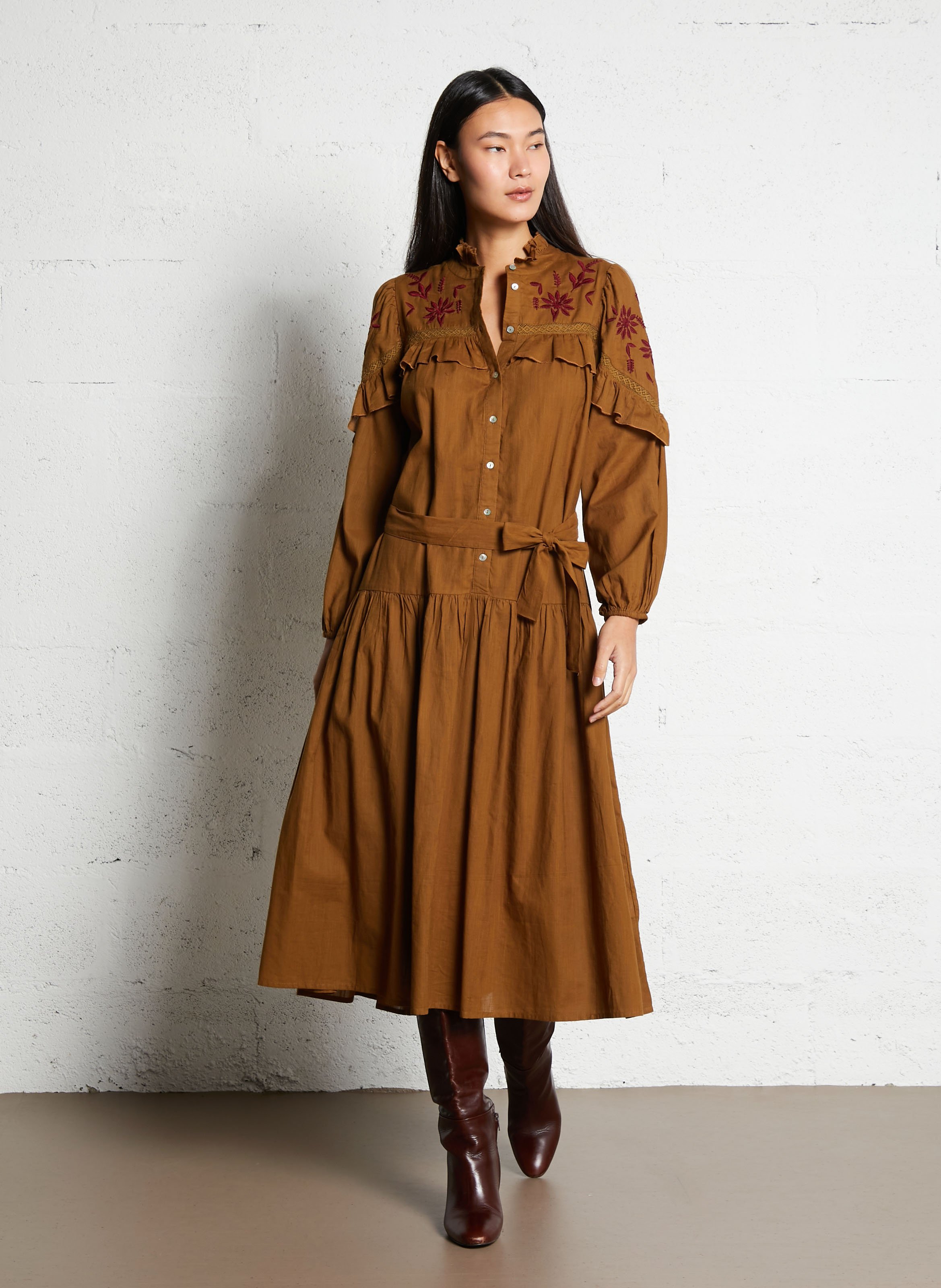 Long round-neck embroidered cotton dress SOPHIE+LUCIE Green