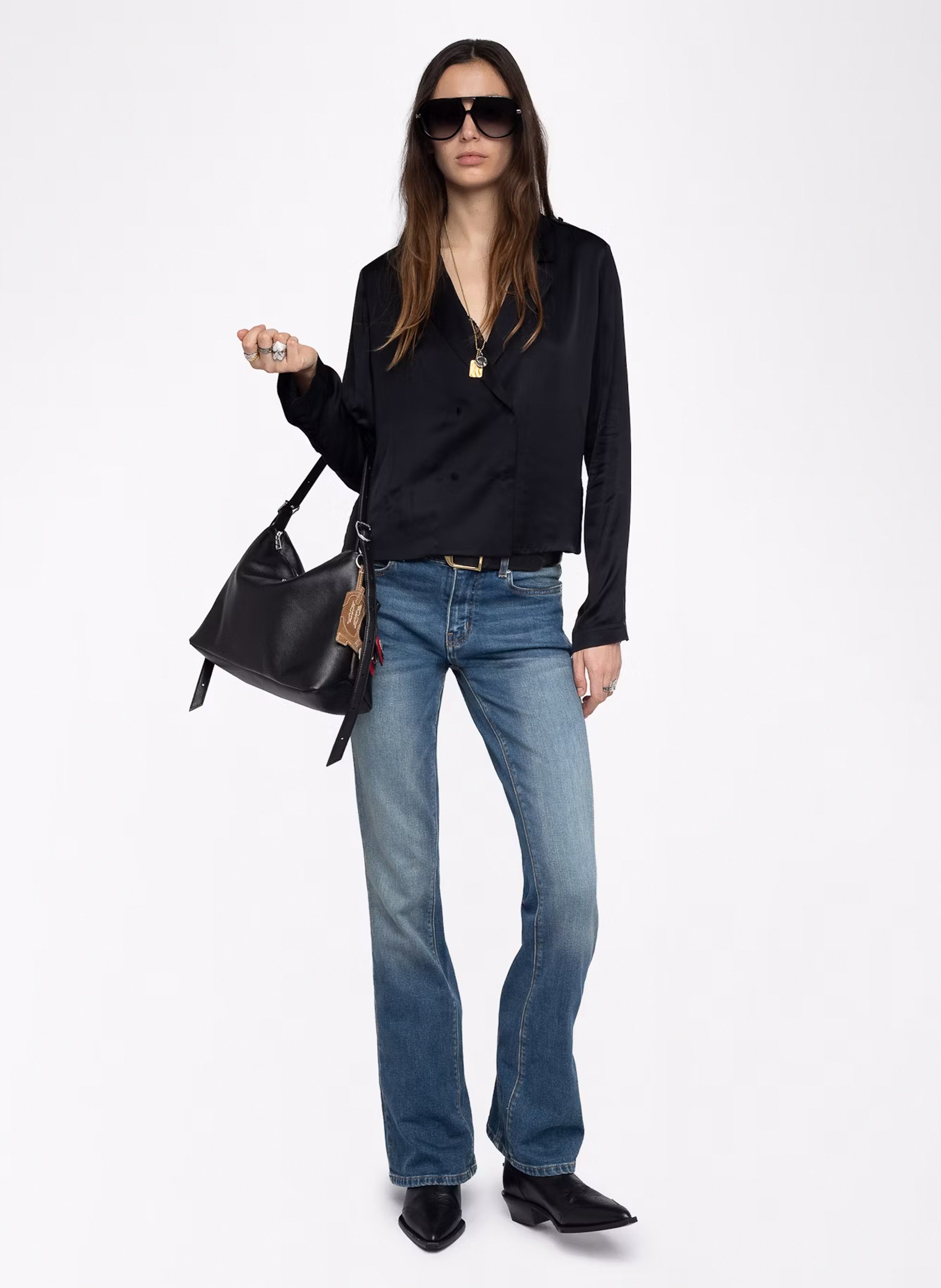 Straight satin-finish V-neck blouse ZADIG&VOLTAIRE Black