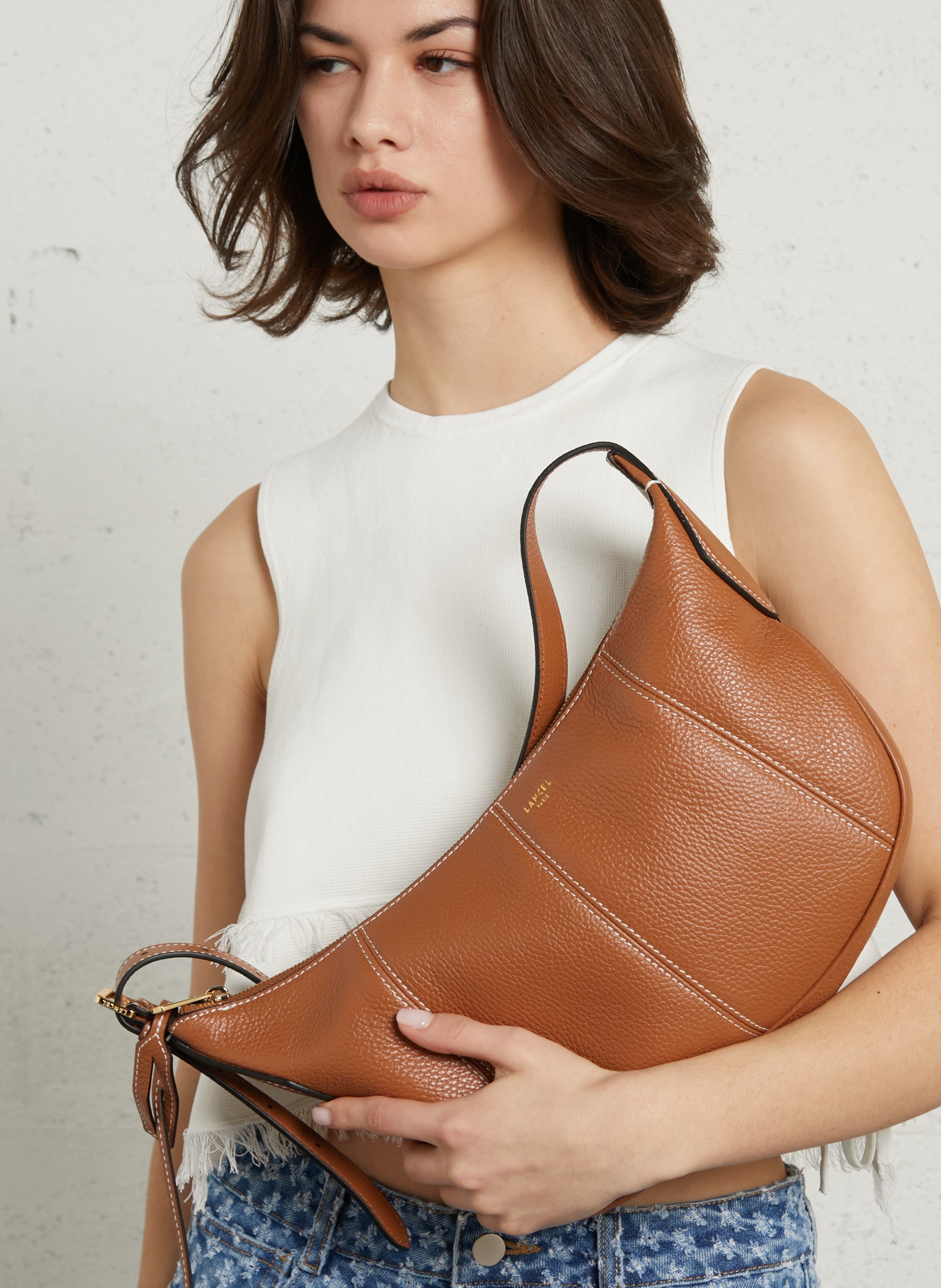 Hobo-Tasche aus Leder, Schultertasche LANCEL Beige