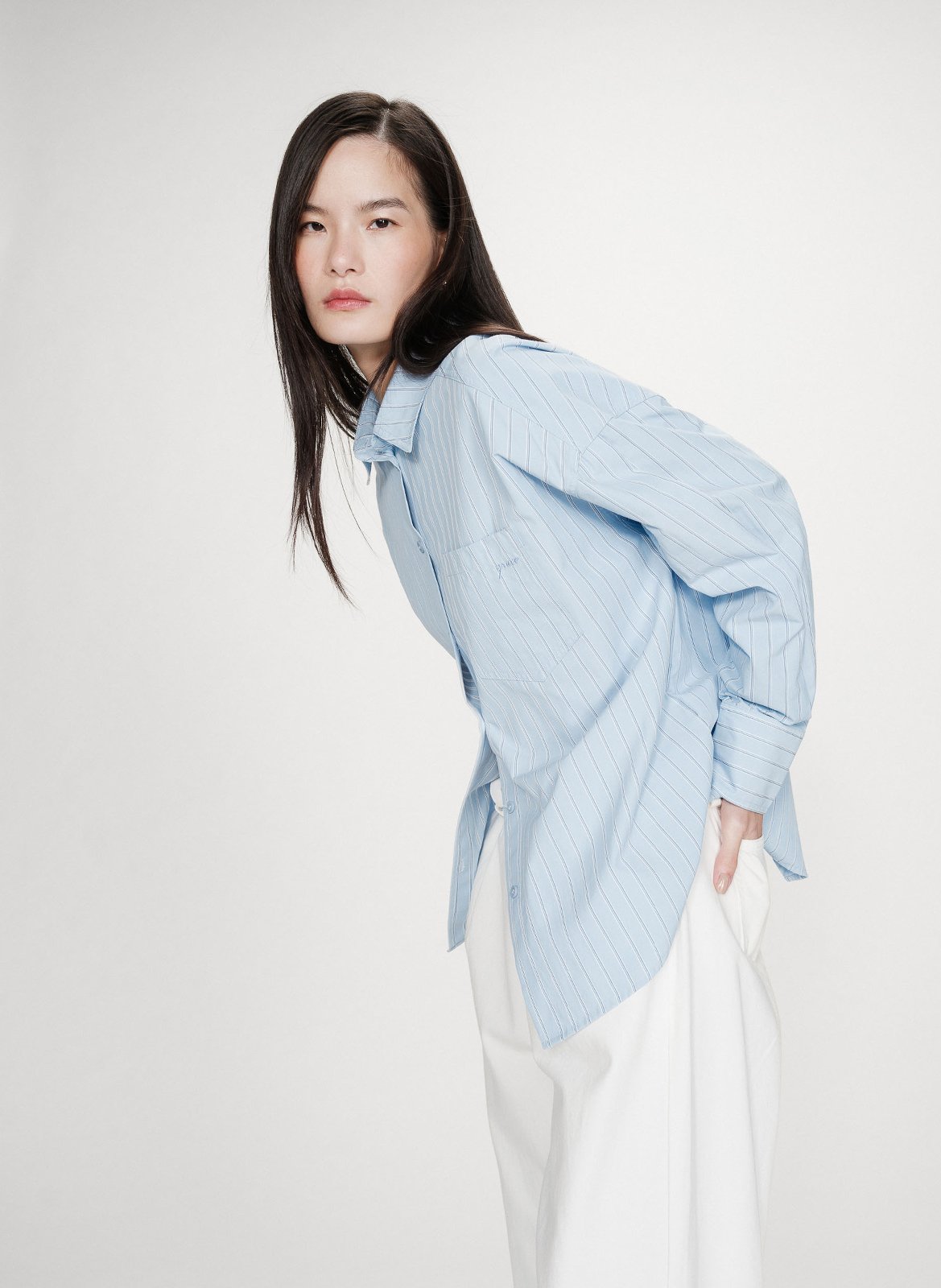 Chemise oversize col classique en coton mélangé rayé GRACE ET MILA Bleu