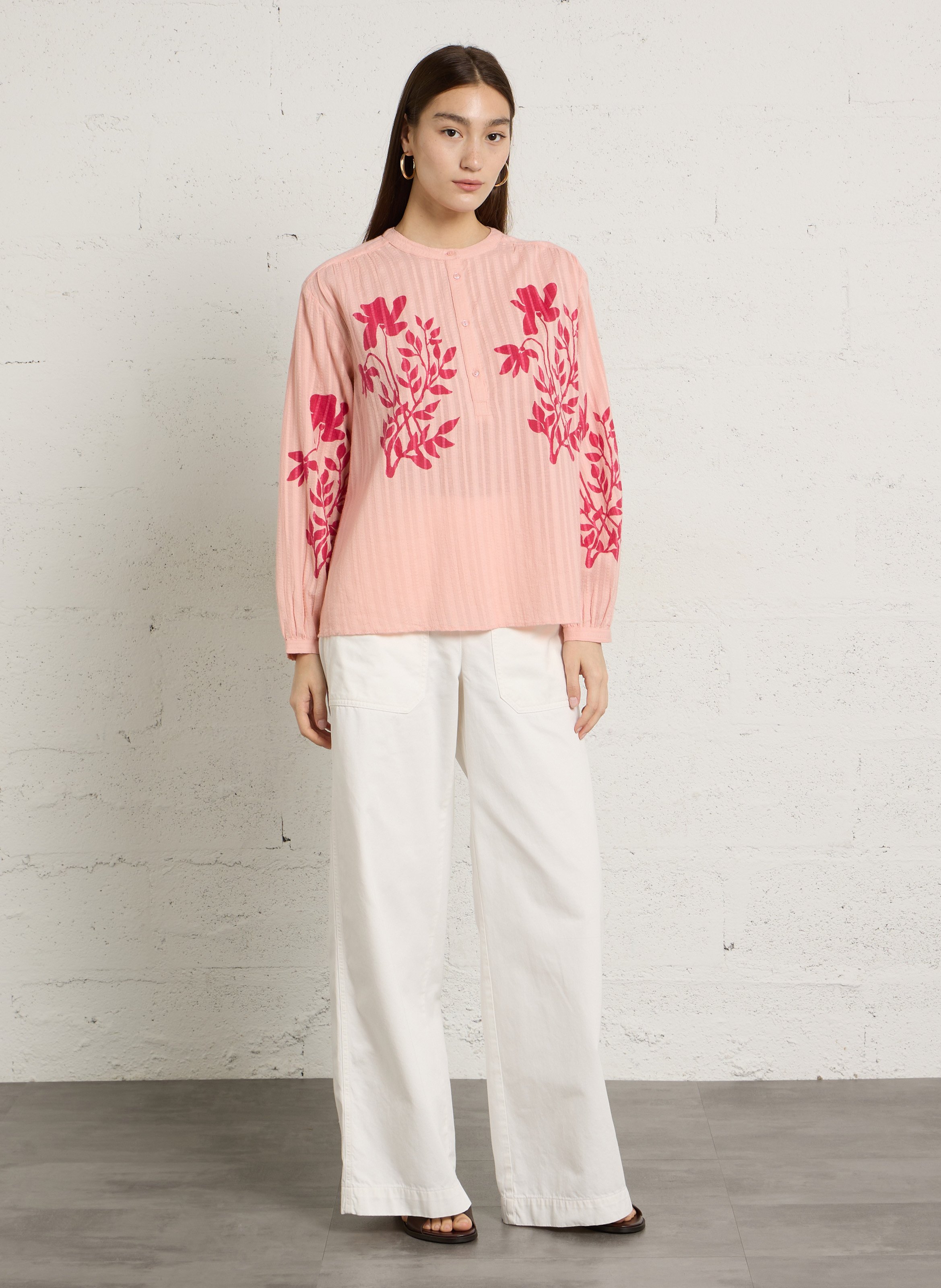 Blouse ample col tunisien en coton SUD EXPRESS Rose