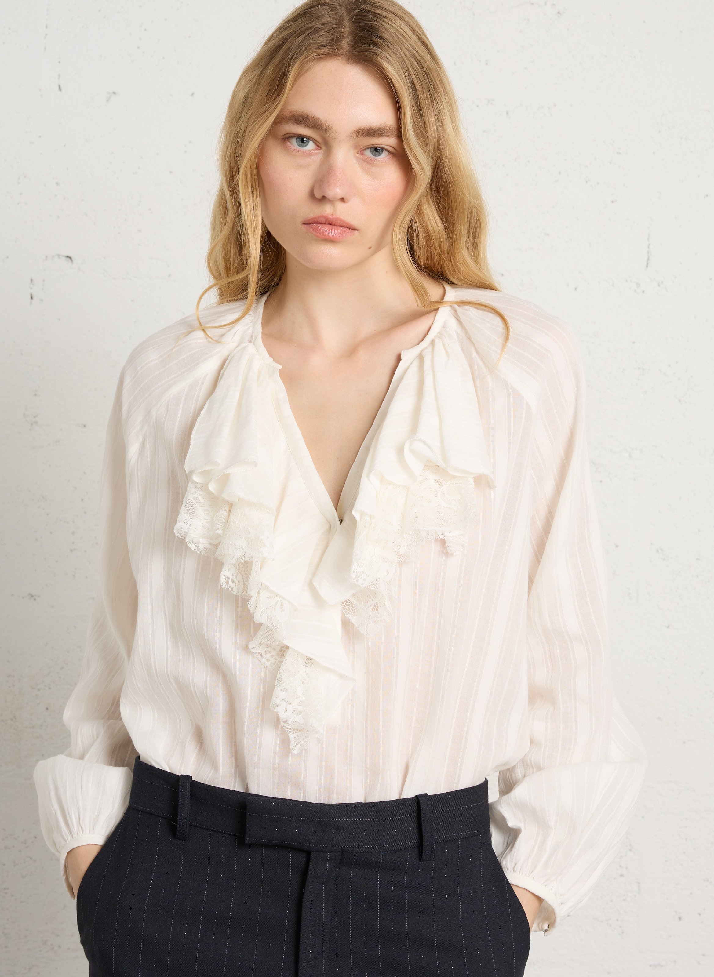 Flowy lace ruffle blouse IKKS White
