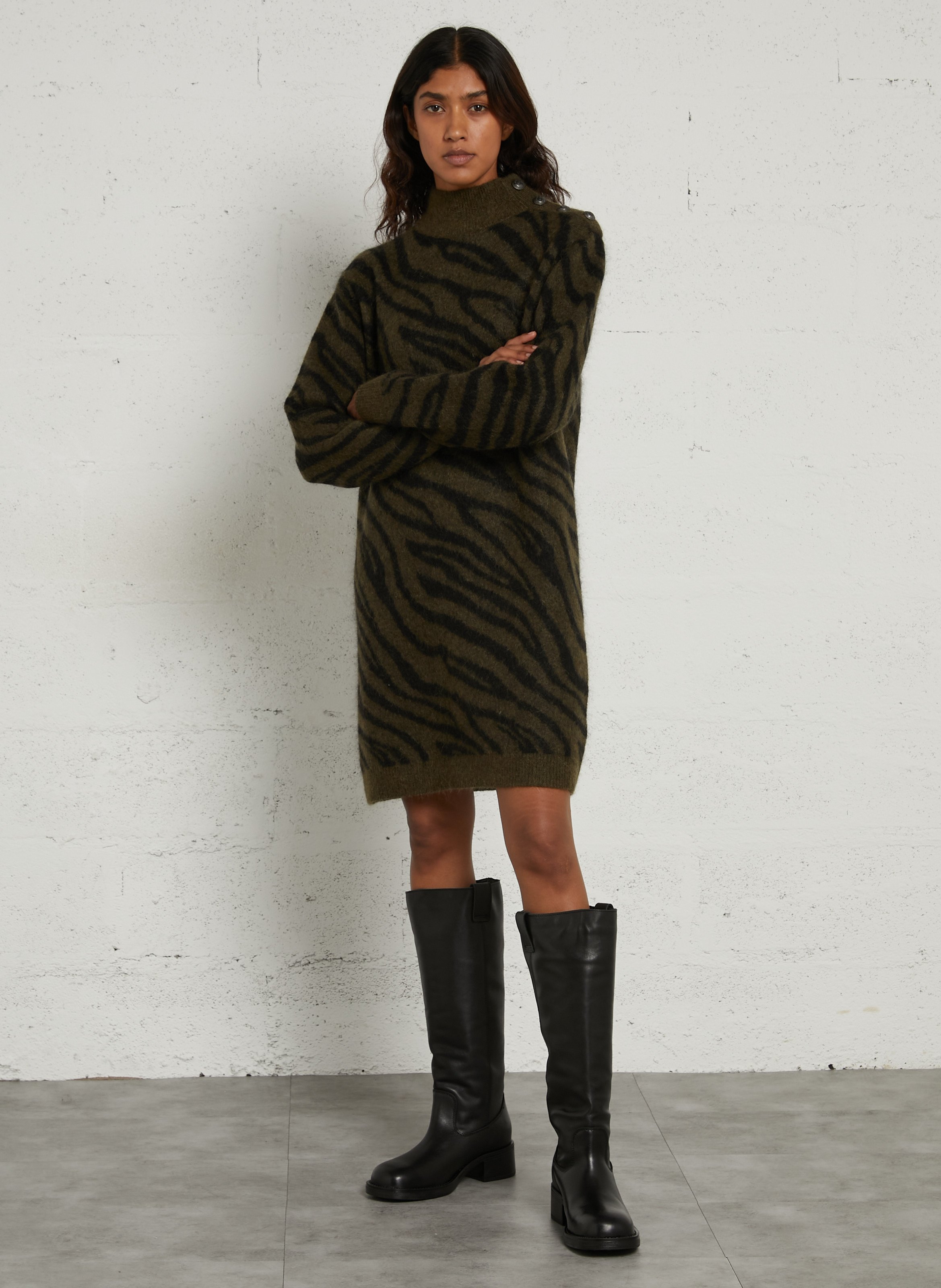 Pulloverkleid mit Stehkragen aus Wollmischung IKKS Khaki