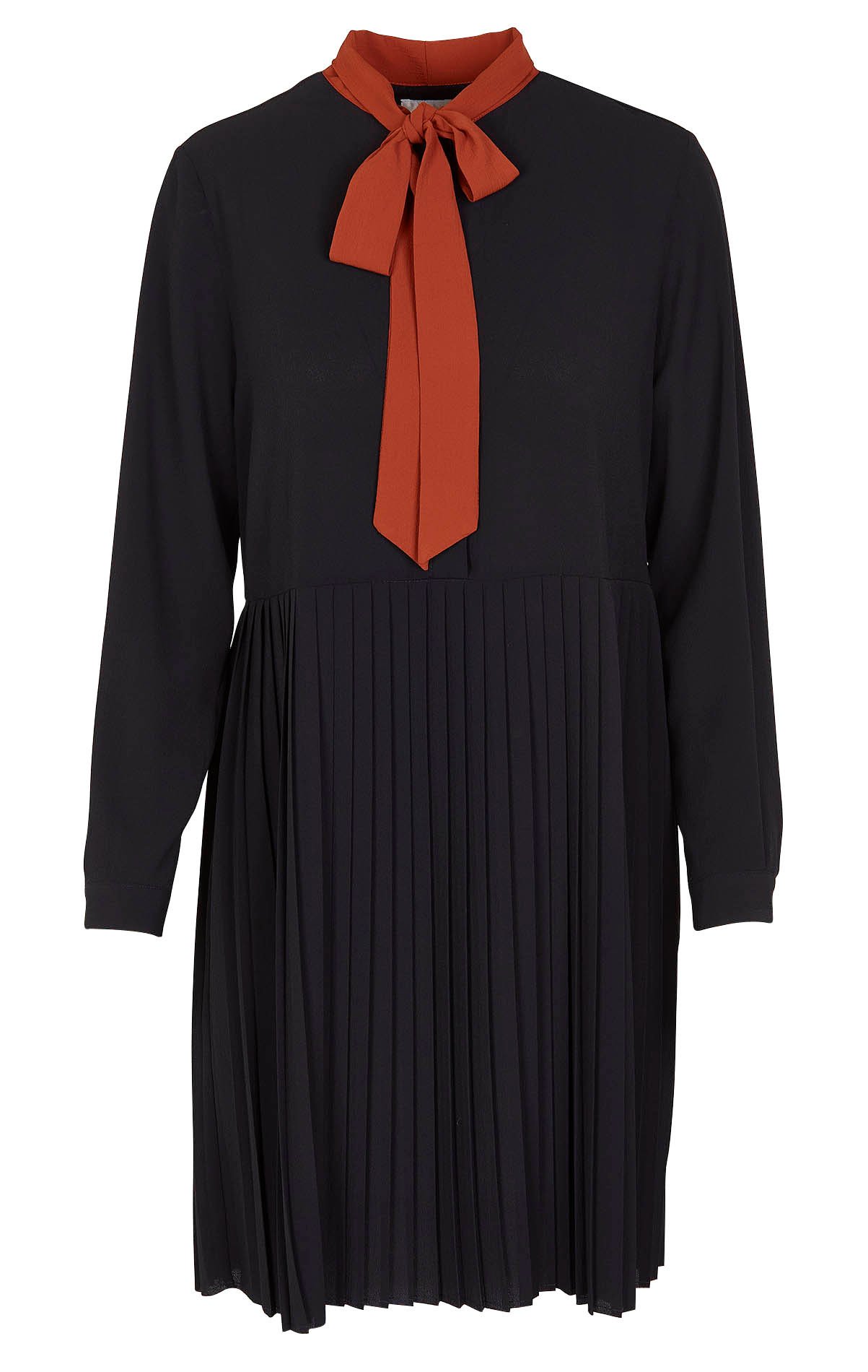 Crepe dress with pussy-bow collar and narrow pleats  ATTIC AND BARN Black