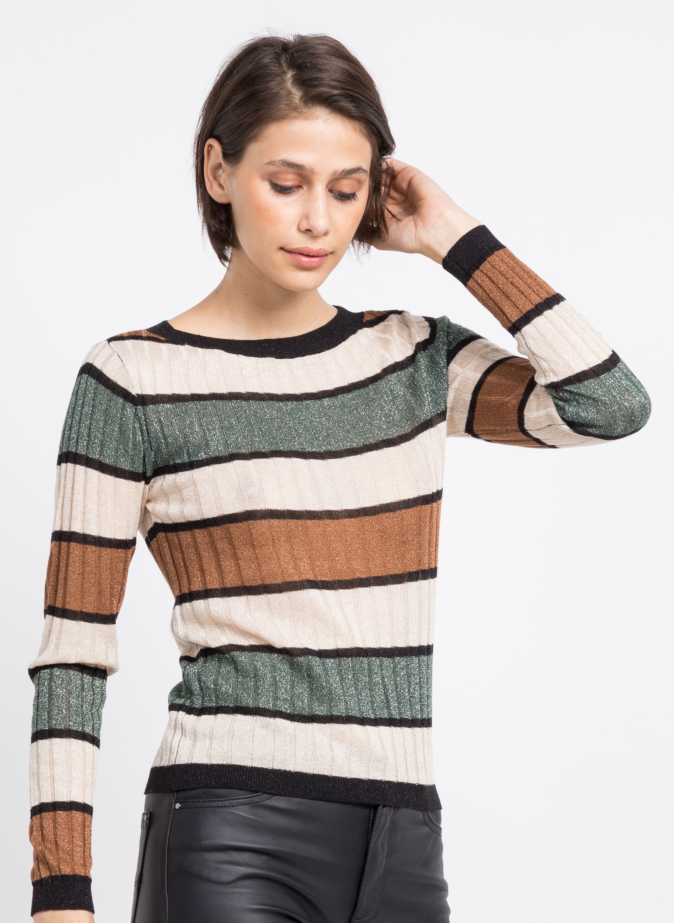 Vila - Round-neck Striped Metallic Knit Sweater - S Size - Beige