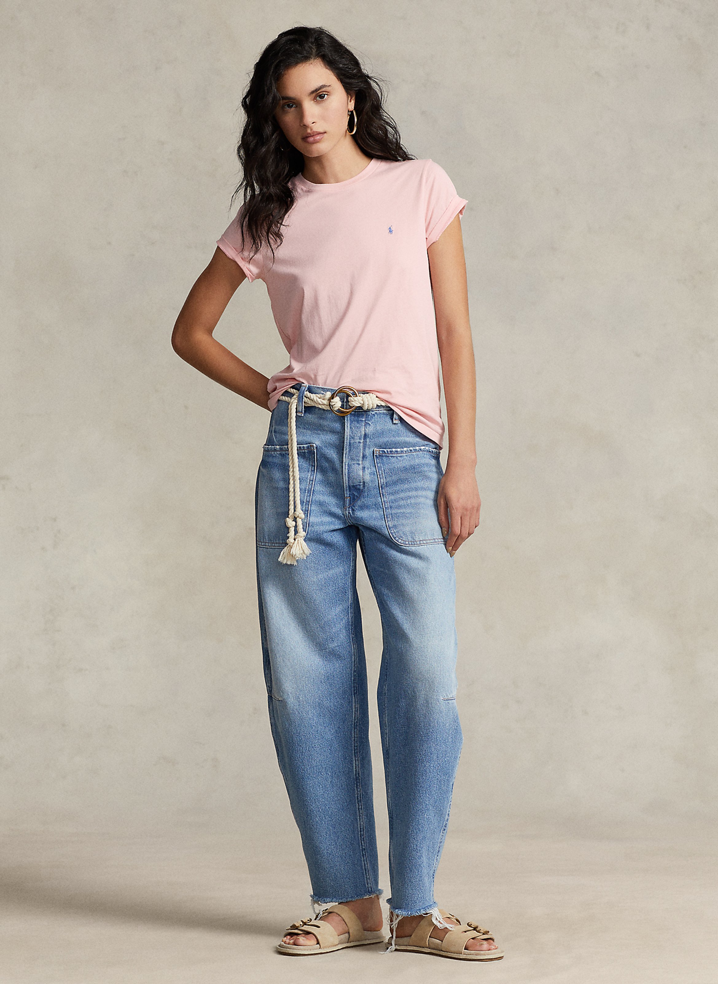 Tee-shirt col rond brodé en coton POLO RALPH LAUREN Rose